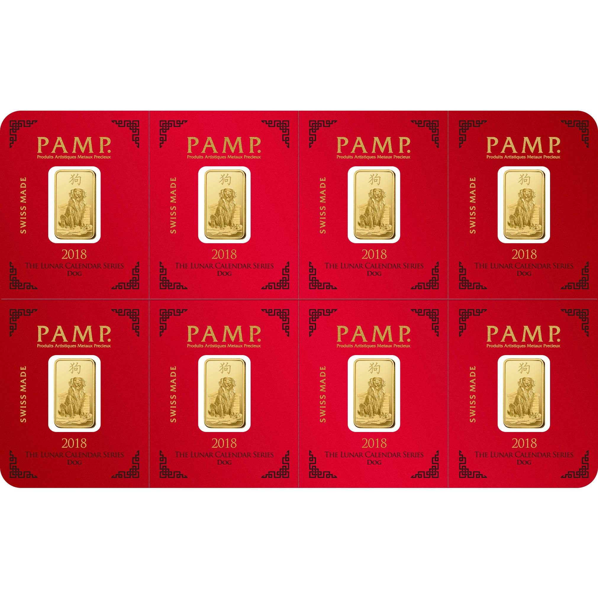 investir dans l'or, 8x1 gram Lingotin, Lingot d'or pur Lunar Chien - PAMP Suisse - Pack Front