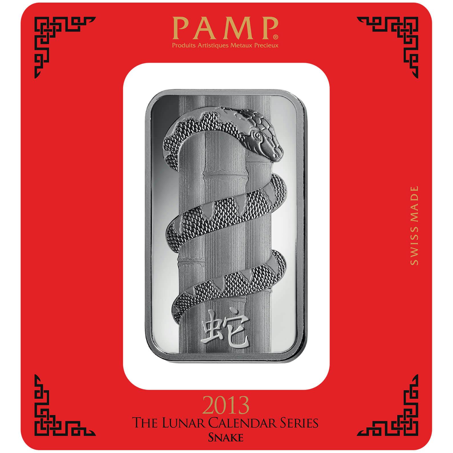 investir dans l'argent, 100 gram Lingotin, Lingot d'argent pur Lunar Serpent - PAMP Suisse - Pack Front