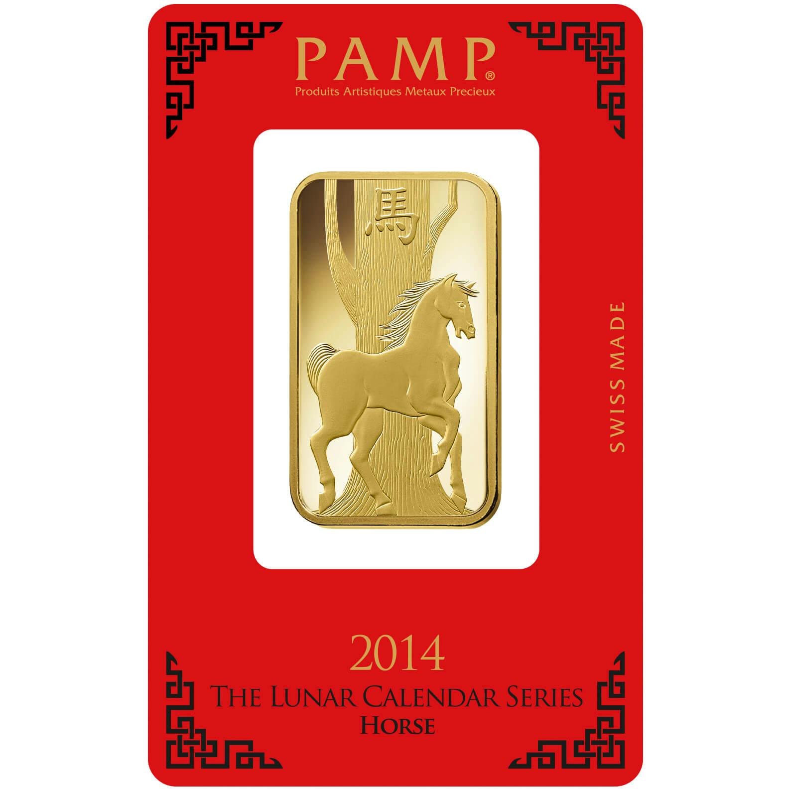 investir dans l'or, 1 once Lingotin, Lingot d'or pur Lunar Cheval - PAMP Suisse - Pack Front