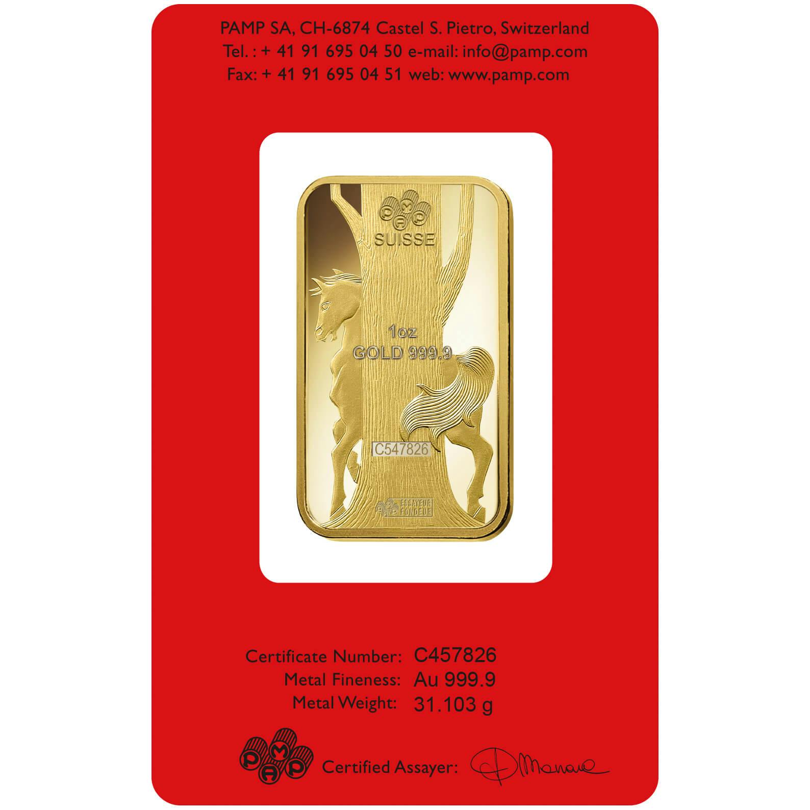 investir dans l'or, 1 once Lingotin, Lingot d'or pur Lunar Cheval - PAMP Suisse - Back