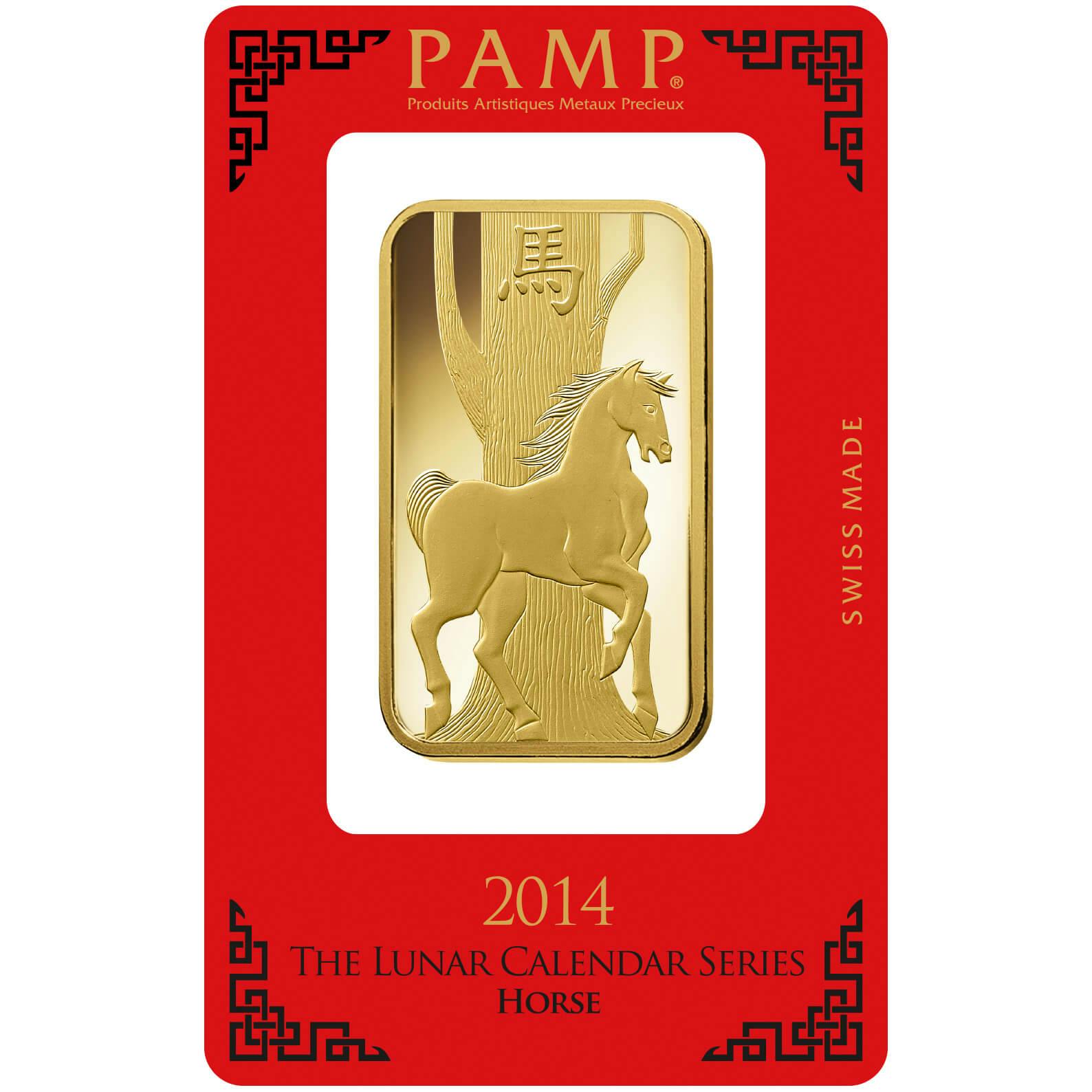 investir dans l'or, 100 gram Lingotin, Lingot d'or pur Lunar Cheval - PAMP Suisse - Pack Front