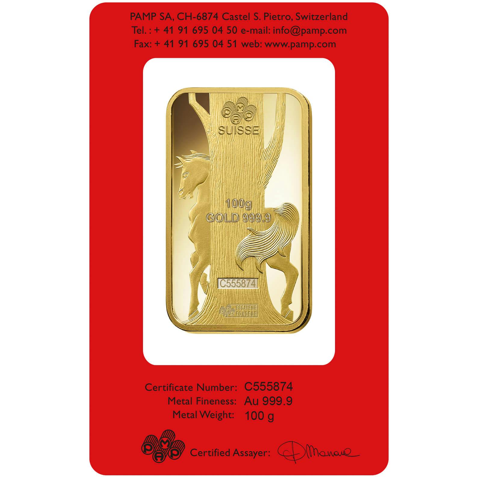 investir dans l'or, 100 gram Lingotin, Lingot d'or pur Lunar Cheval - PAMP Suisse - Back