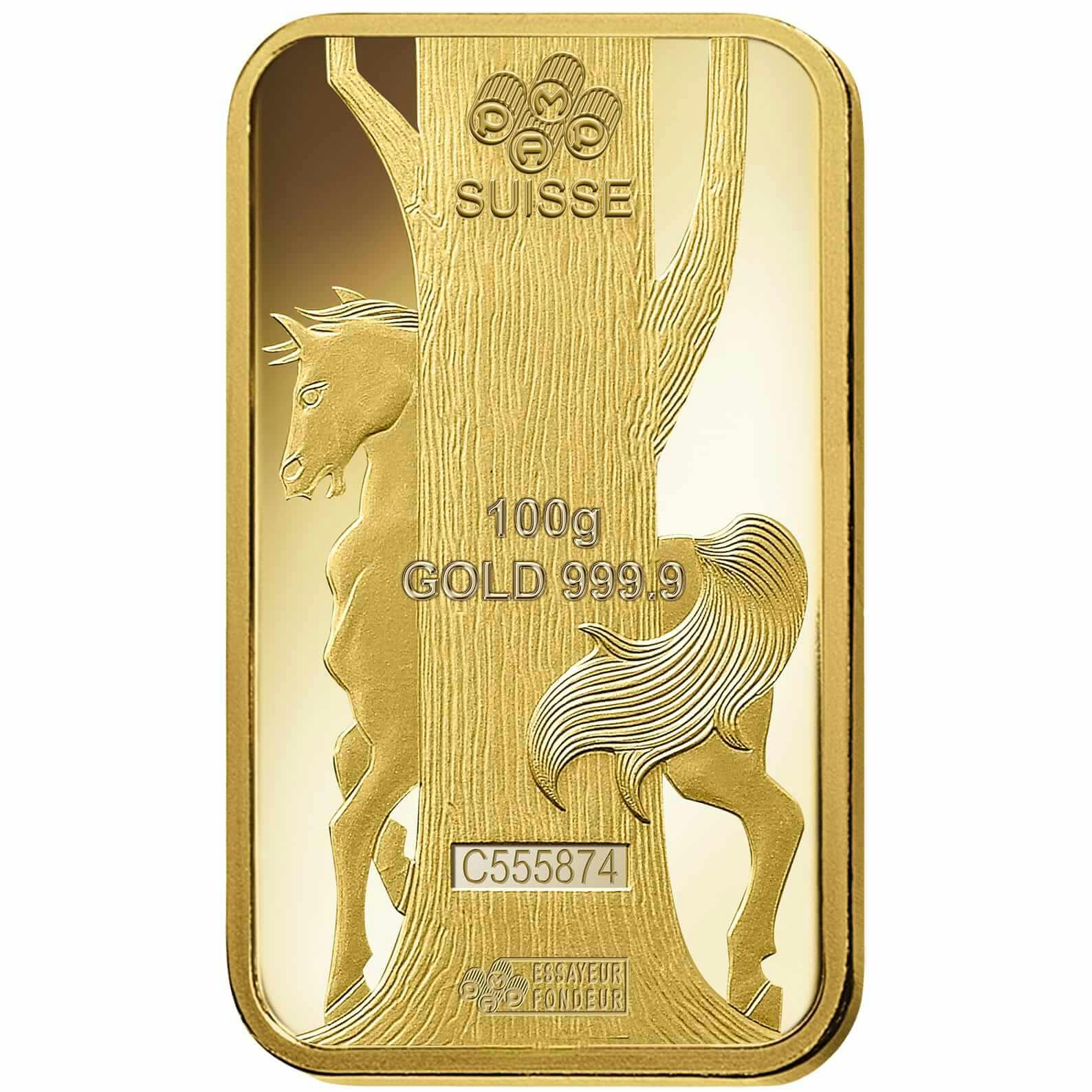 Invest in 100 gram Fine gold Lunar Horse - PAMP Swiss - Back