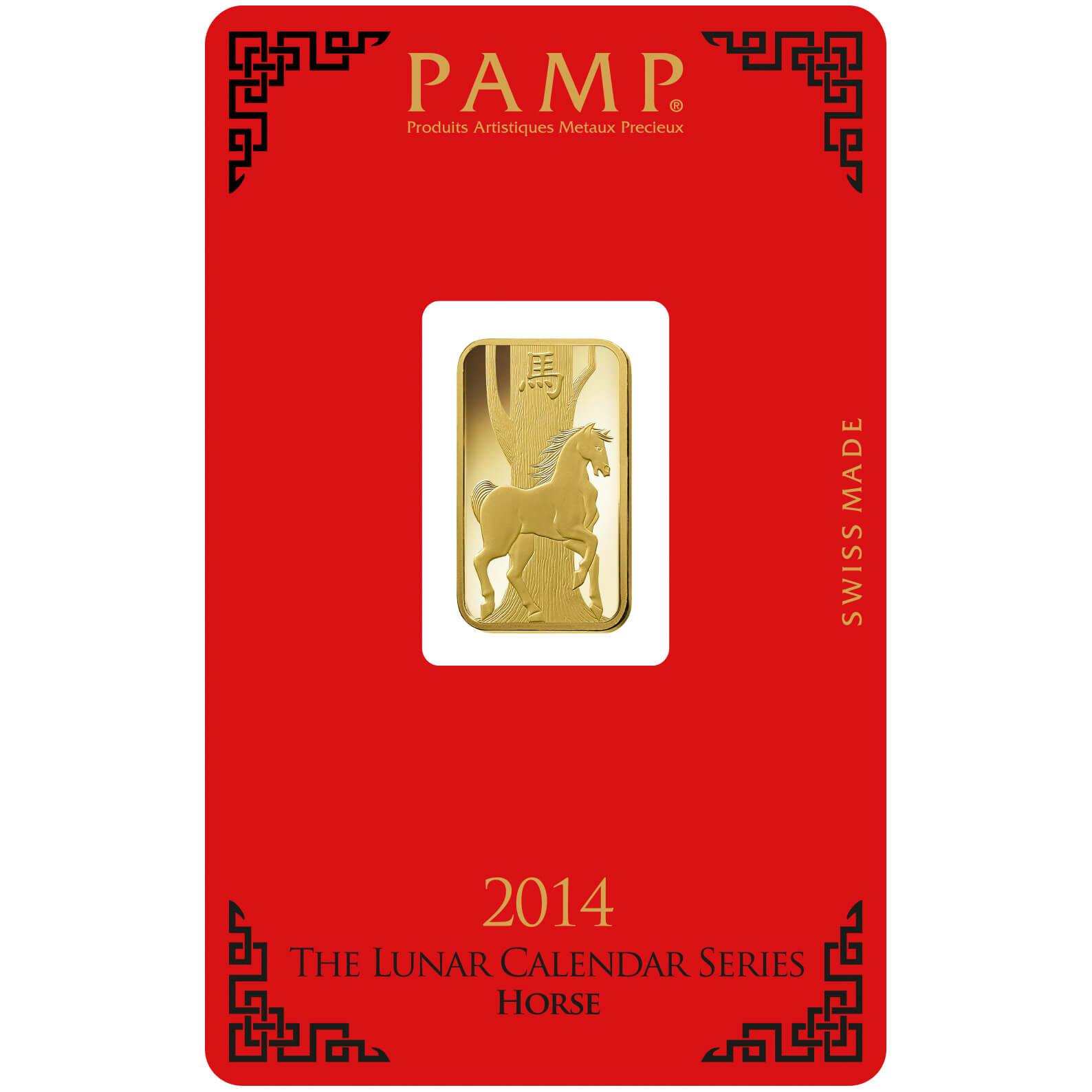 investir dans l'or, 5 gram Lingotin, Lingot d'or pur Lunar Cheval - PAMP Suisse - Pack Front