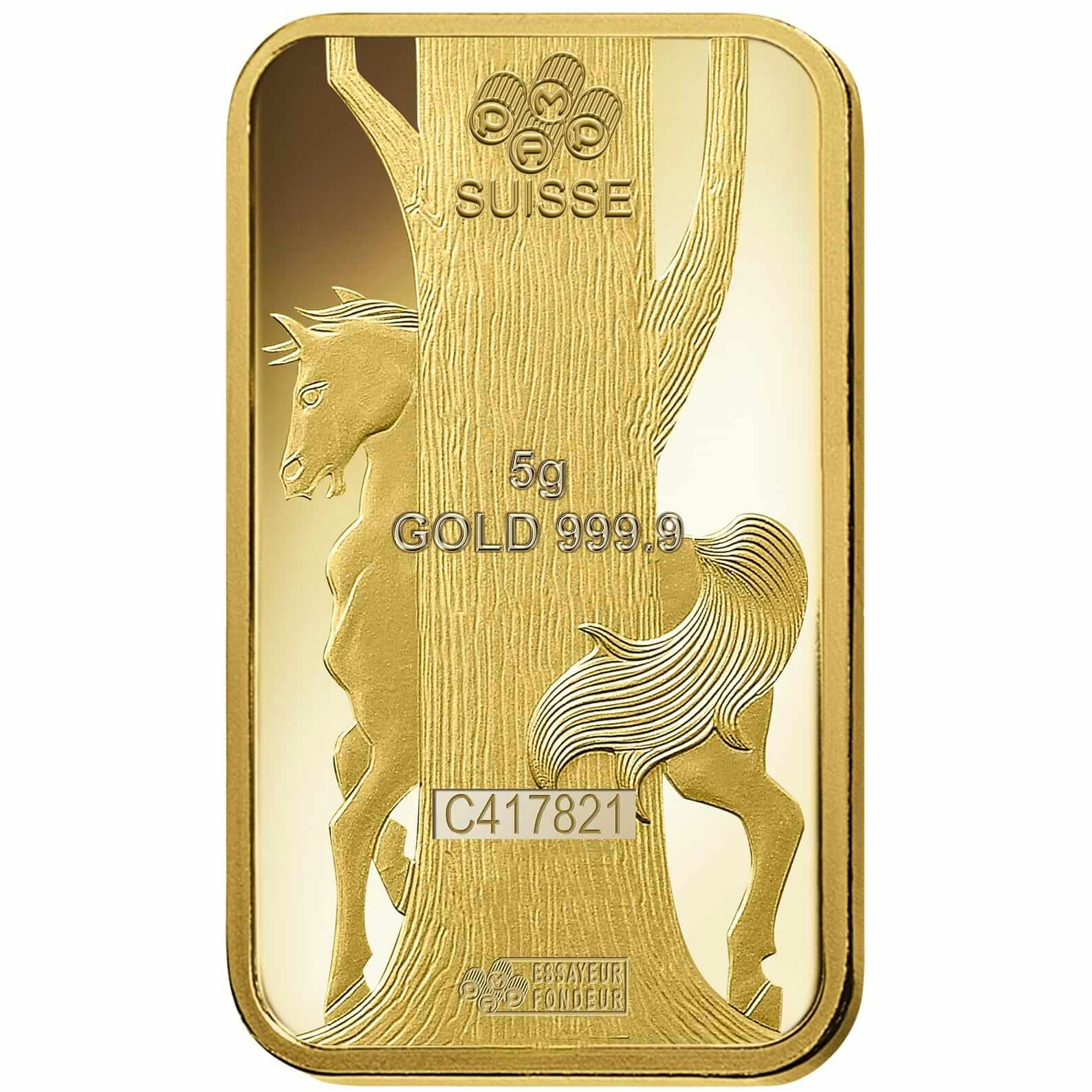 investir dans l'or, 5 gram Lingotin, Lingot d'or pur Lunar Cheval - PAMP Suisse - Back