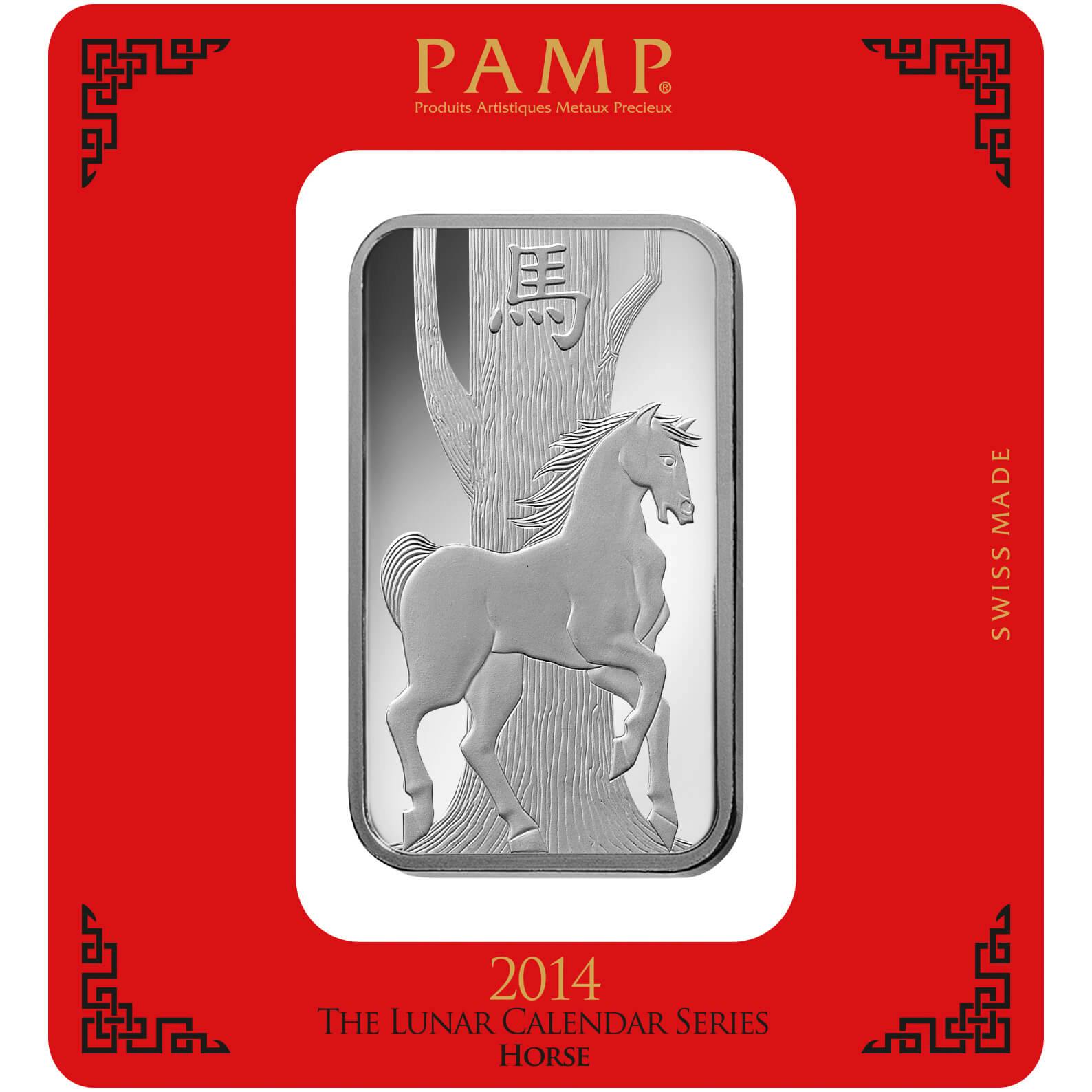 investir dans l'argent, 100 gram Lingotin, Lingot d'argent pur Lunar Cheval - PAMP Suisse - Pack Front
