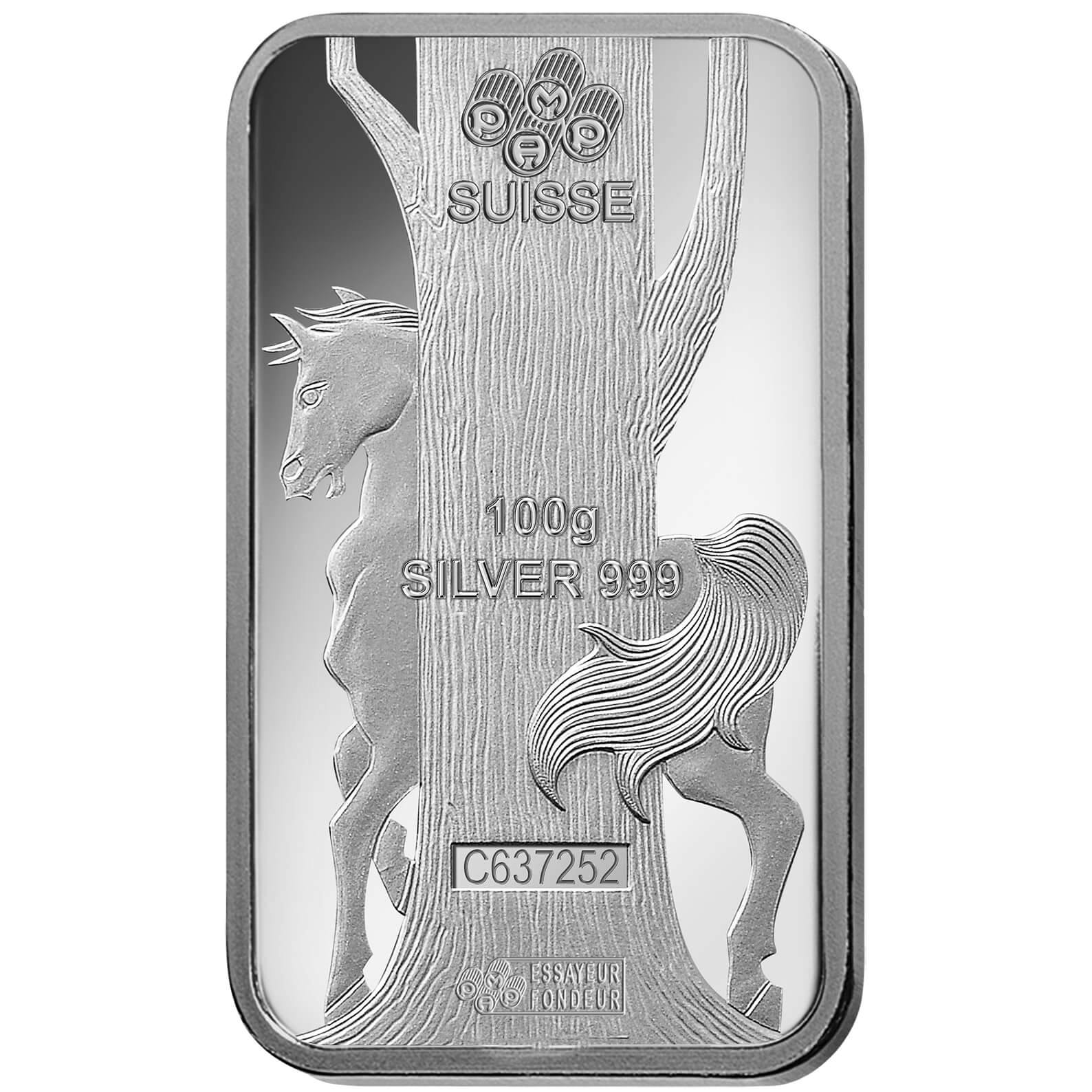 Invest in 100 gram Fine Silver Lunar Horse - PAMP Swiss - Back