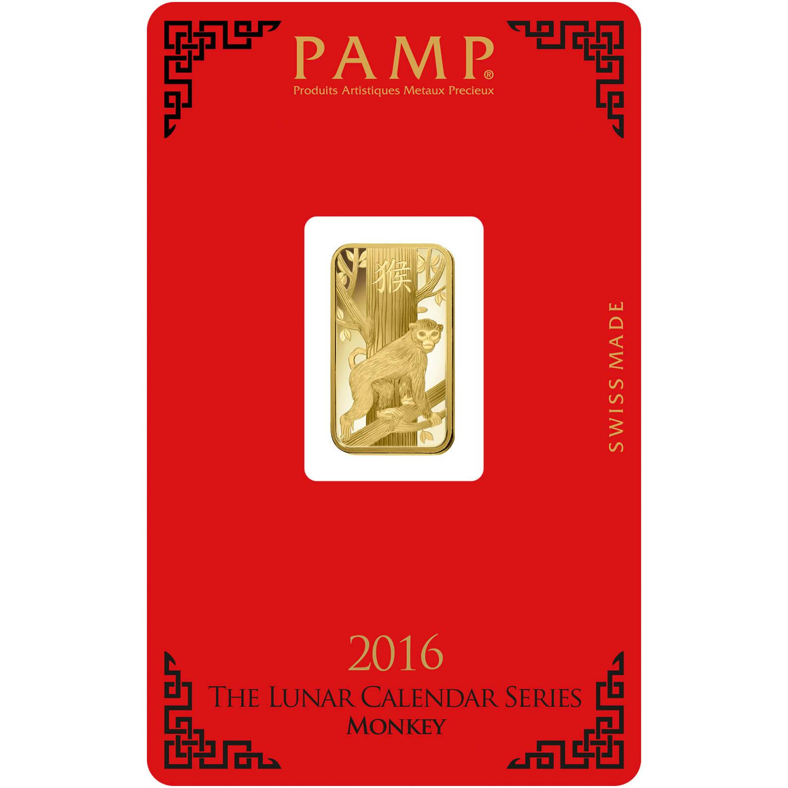 investir dans l'or, 5 gram Lingotin, Lingot d'or pur Lunar Singe - PAMP Suisse - Pack Front