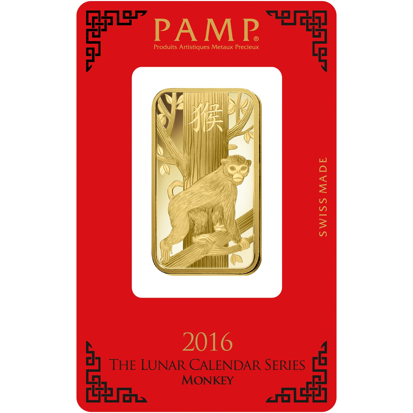 Die Rückseite des PAMP Suisse Lunar Monkey Goldbarrens in Sonderverpackung