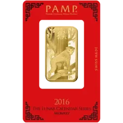 The reverse side of the PAMP Suisse Lunar Monkey gold bar in custom packaging The reverse side of the PAMP Suisse Lunar Monkey gold bar in custom packaging