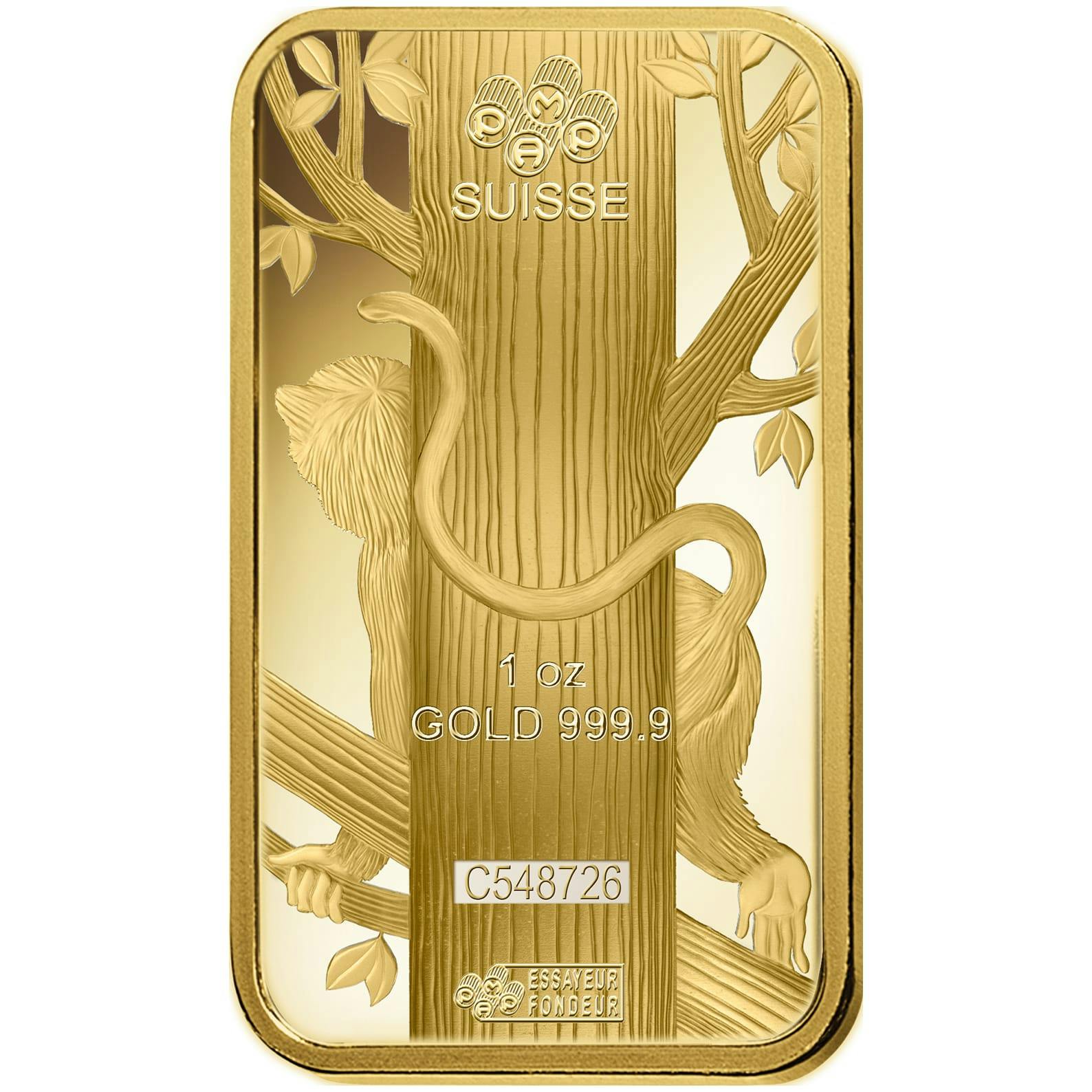 The obverse side of the PAMP Suisse Lunar Monkey gold bar