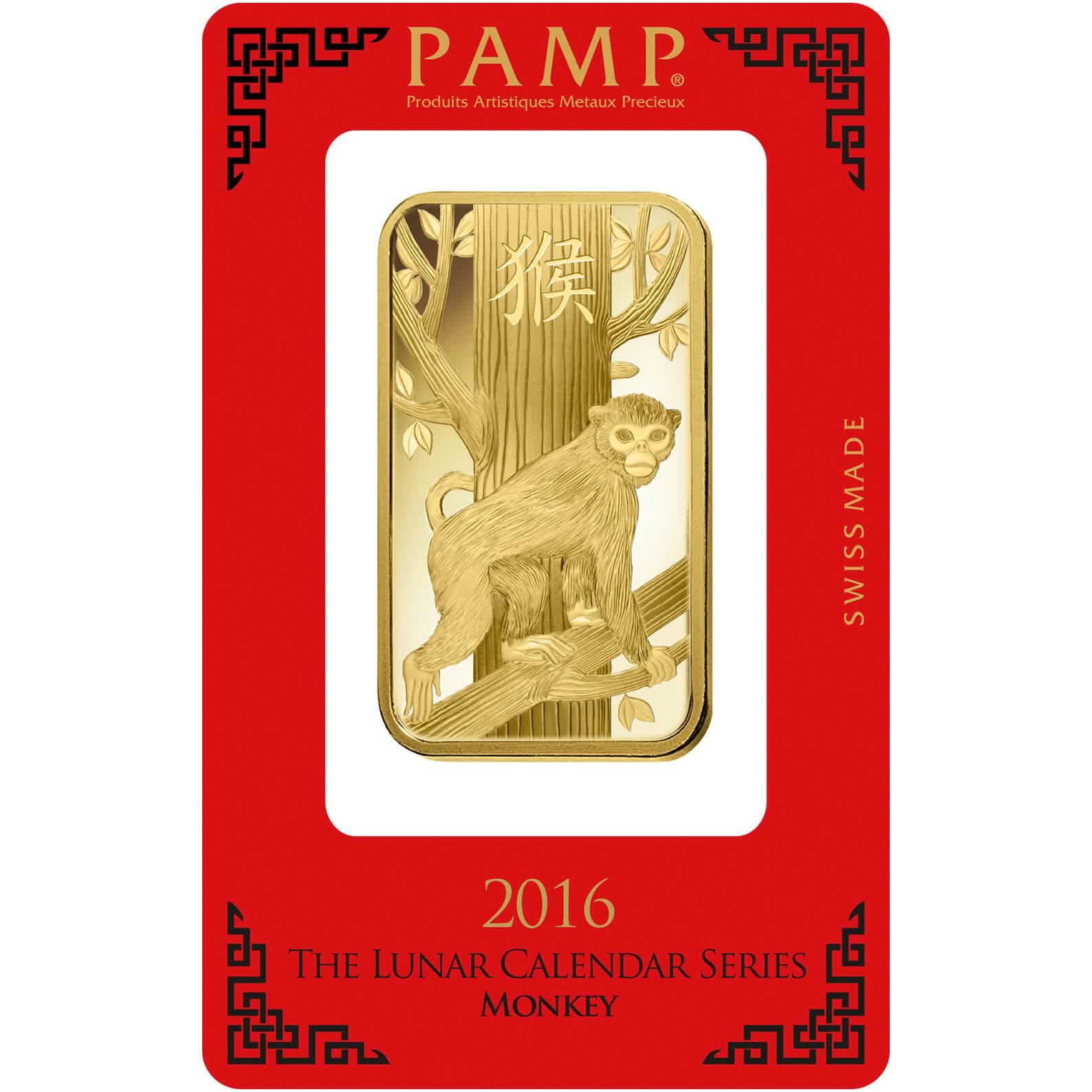 investir dans l'or, 100 gram Lingotin, Lingot d'or pur Lunar Singe - PAMP Suisse - Pack Front