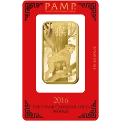 Purchase gold, 100 gram Fine gold Lunar Monkey - PAMP Swiss - Pack Front Invest in 100 gram Fine gold Lunar Monkey - PAMP Swiss - Pack Front