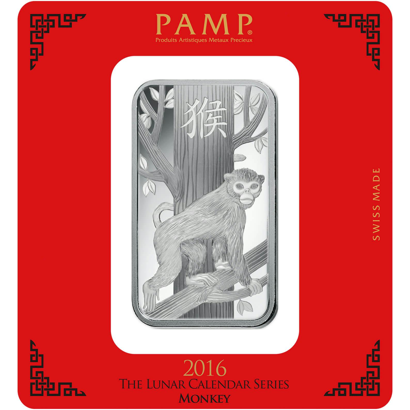 Kaufen Sie 100 Gramm Feinsilberbarren Lunar Affe - PAMP Schweiz - Pack Front
