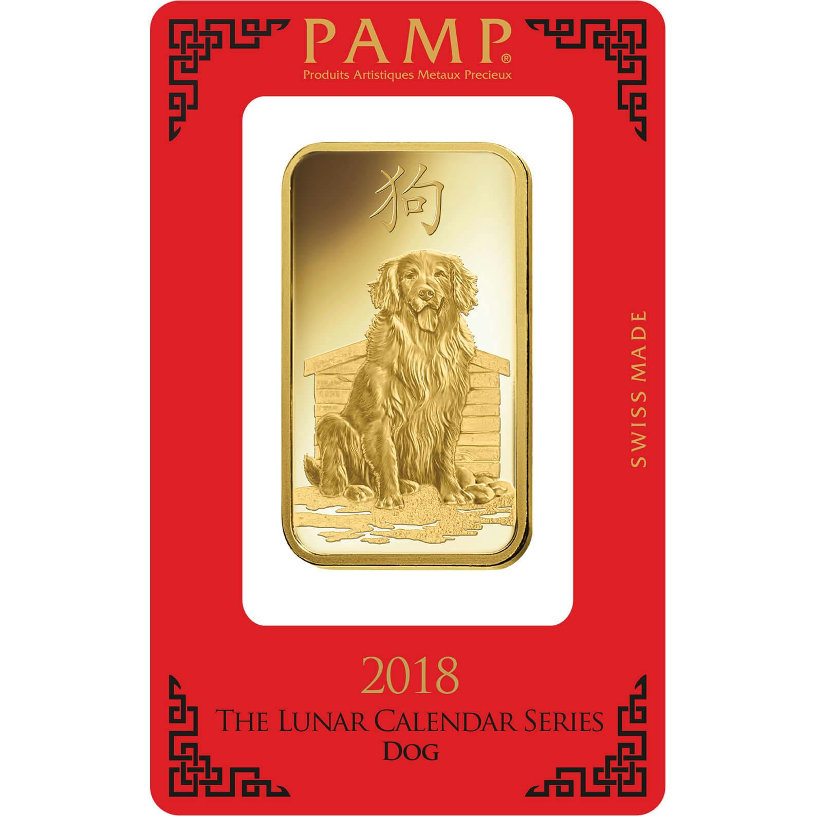 investir dans l'or, 100 gram Lingotin, Lingot d'or pur Lunar Chien - PAMP Suisse - Pack Front