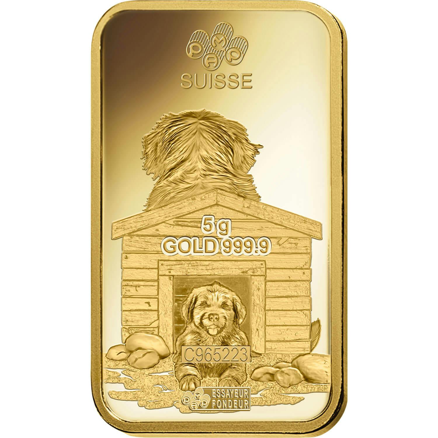 investir dans l'or, 5 gram Lingotin, Lingot d'or pur Lunar Chien - PAMP Suisse - Back