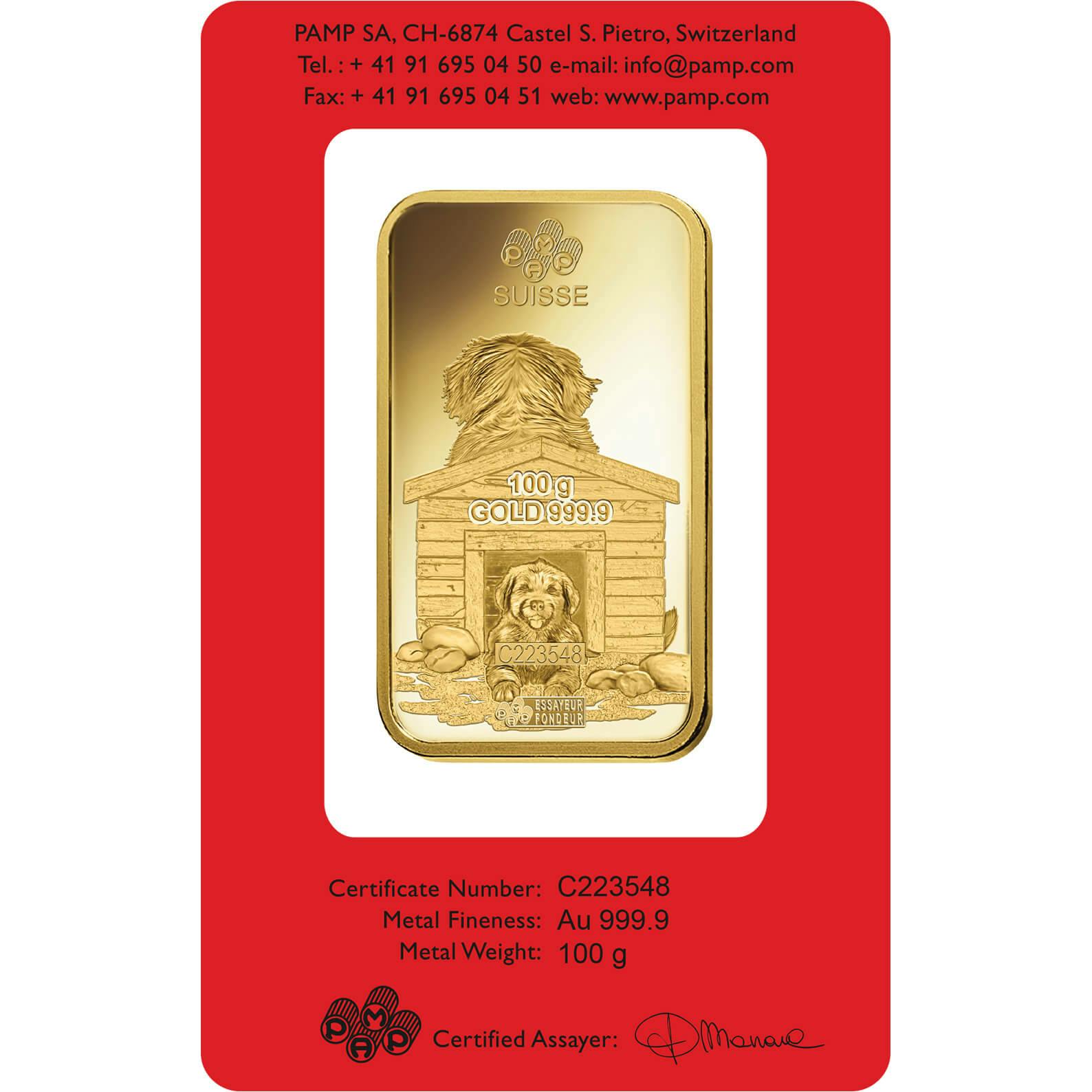 investir dans l'or, 100 gram Lingotin, Lingot d'or pur Lunar Chien - PAMP Suisse - Back
