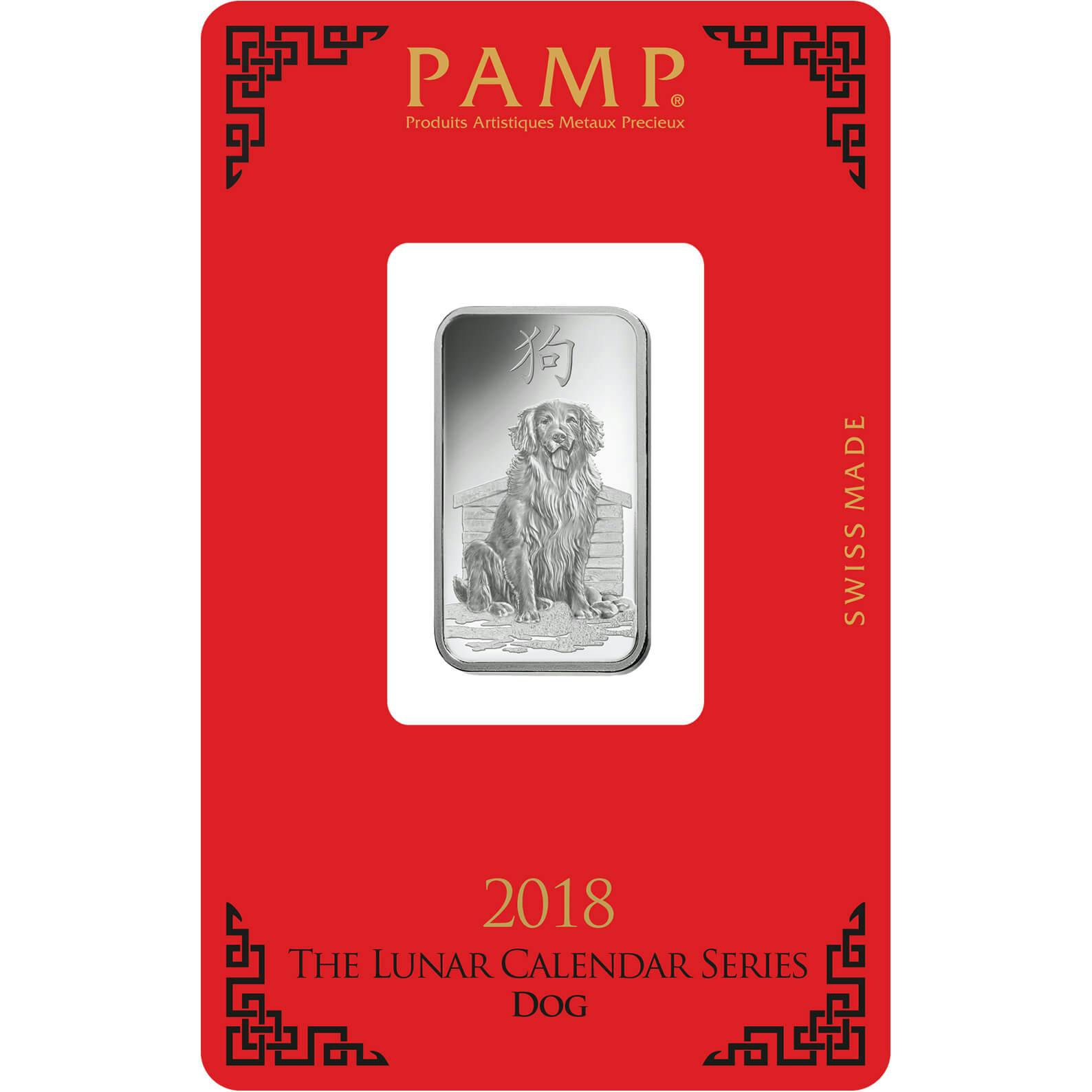 Kaufen Sie 10 Gramm Feinsilberbarren Lunar Hund - PAMP Schweiz - Pack Front