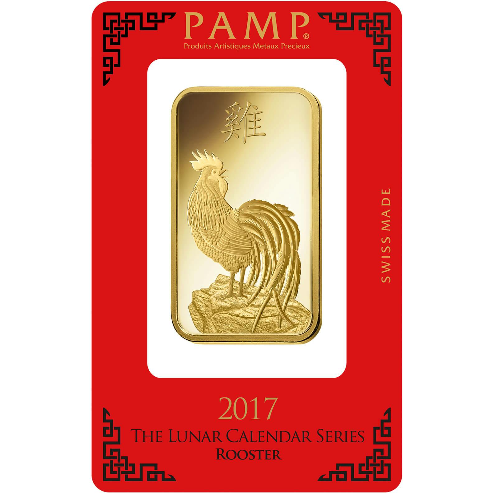 investir dans l'or, 100 gram Lingotin, Lingot d'or pur Lunar Coq - PAMP Suisse - Pack Front
