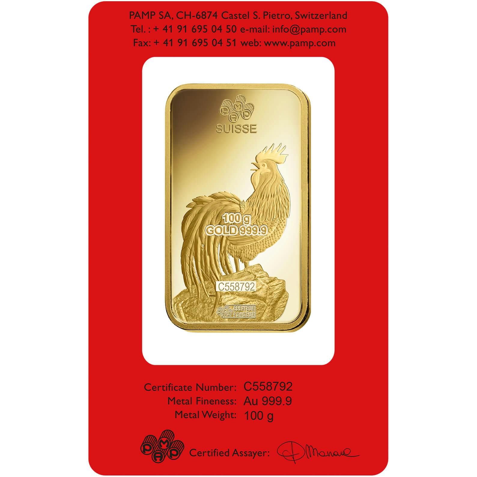 Invest in 100 gram Fine gold Lunar Rooster - PAMP Swiss - Back