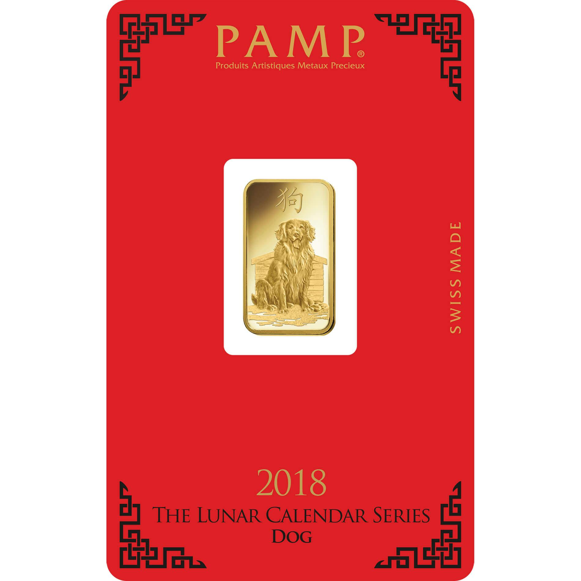 Kaufen Sie 5 Gramm FeinGoldbarren Lunar Hund - PAMP Schweiz - Pack Front