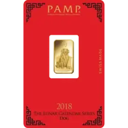 Purchase gold, 5 gram Fine gold Lunar Dog - PAMP Swiss - Pack Front Invest in 5 gram Fine gold Lunar Dog - PAMP Swiss - Pack Front