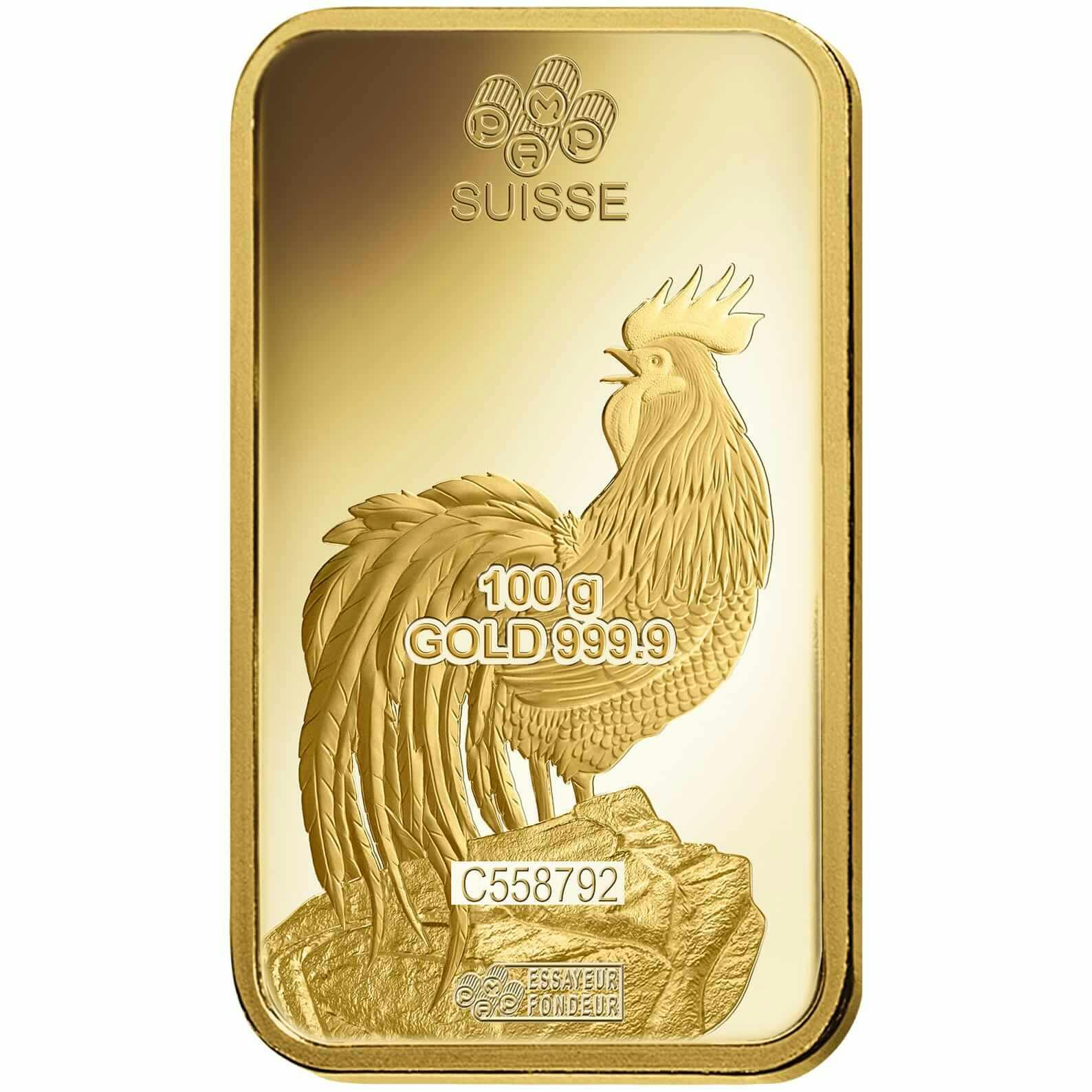 investir dans l'or, 100 gram Lingotin, Lingot d'or pur Lunar Coq - PAMP Suisse - Back