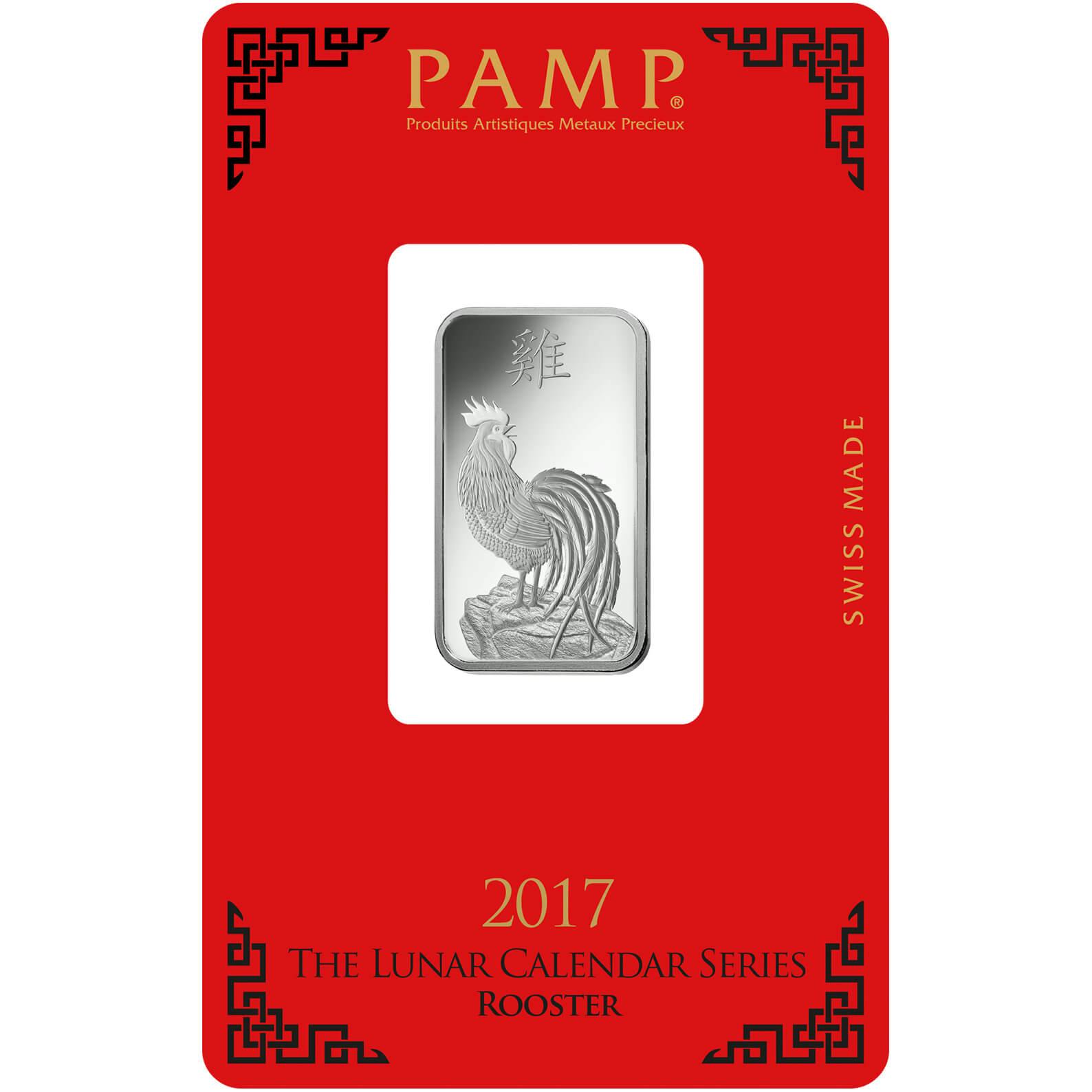 Kaufen Sie 10 Gramm Feinsilberbarren Lunar Hahn - PAMP Schweiz - Pack Front