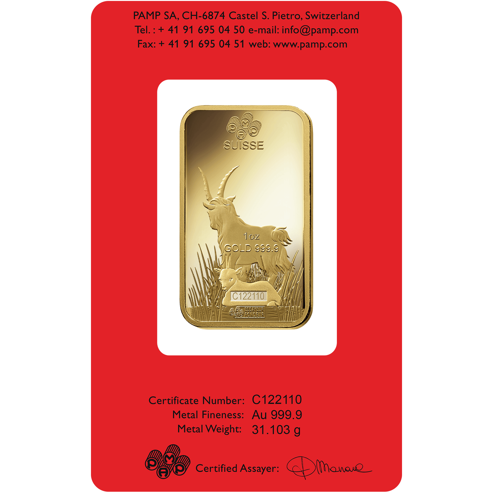 investir dans l'or, 1 once Lingotin, Lingot d'or pur Lunar Chèvre - PAMP Suisse - Back