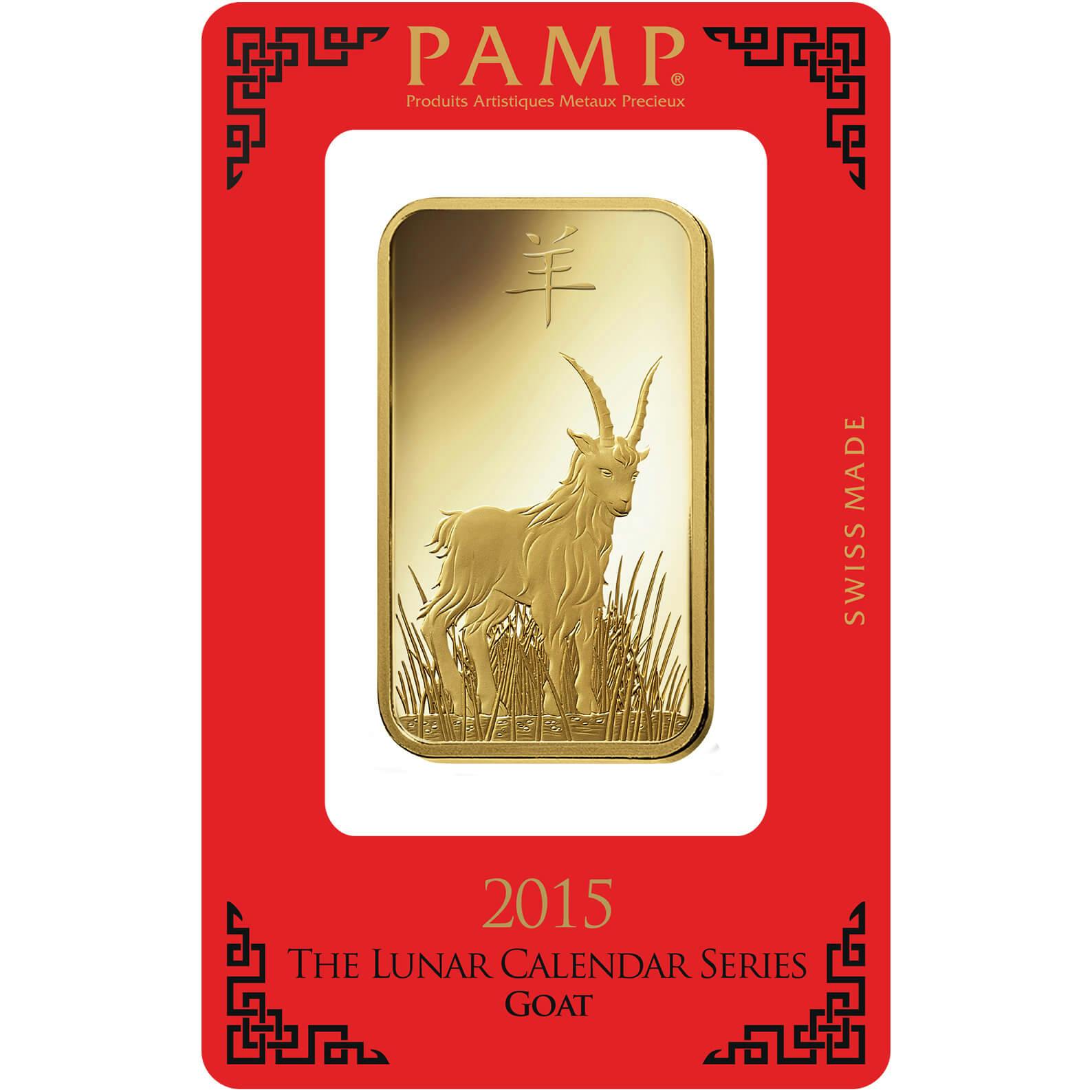 investir dans l'or, 100 gram Lingotin, Lingot d'or pur Lunar Chèvre - PAMP Suisse - Pack Front