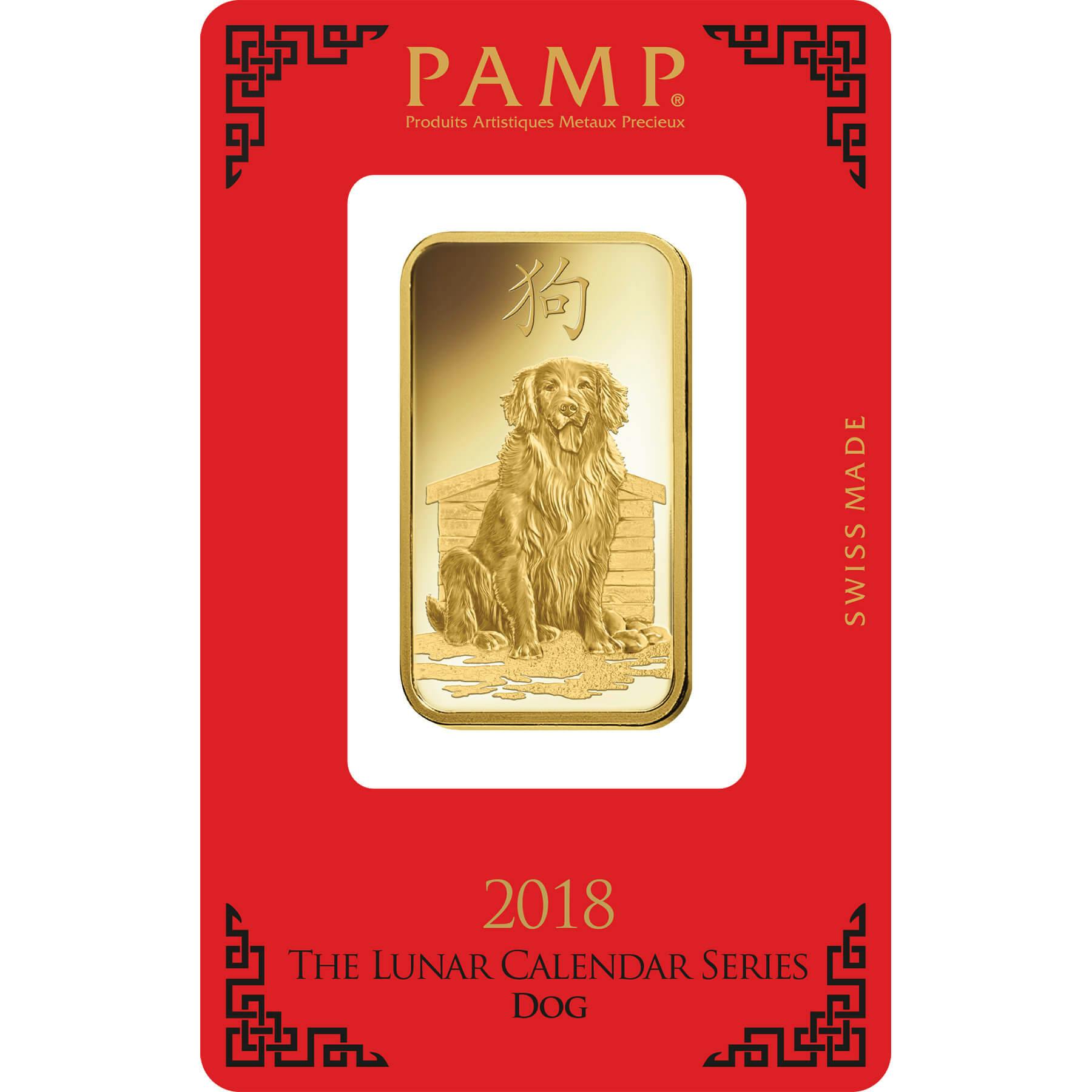 investir dans l'or, 1 once Lingotin, Lingot d'or pur Lunar Chien - PAMP Suisse - Pack Front
