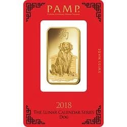 Purchase gold, 1 oz Fine gold Lunar Dog - PAMP Swiss - Pack Front Invest in 1 oz Fine gold Lunar Dog - PAMP Swiss - Pack Front