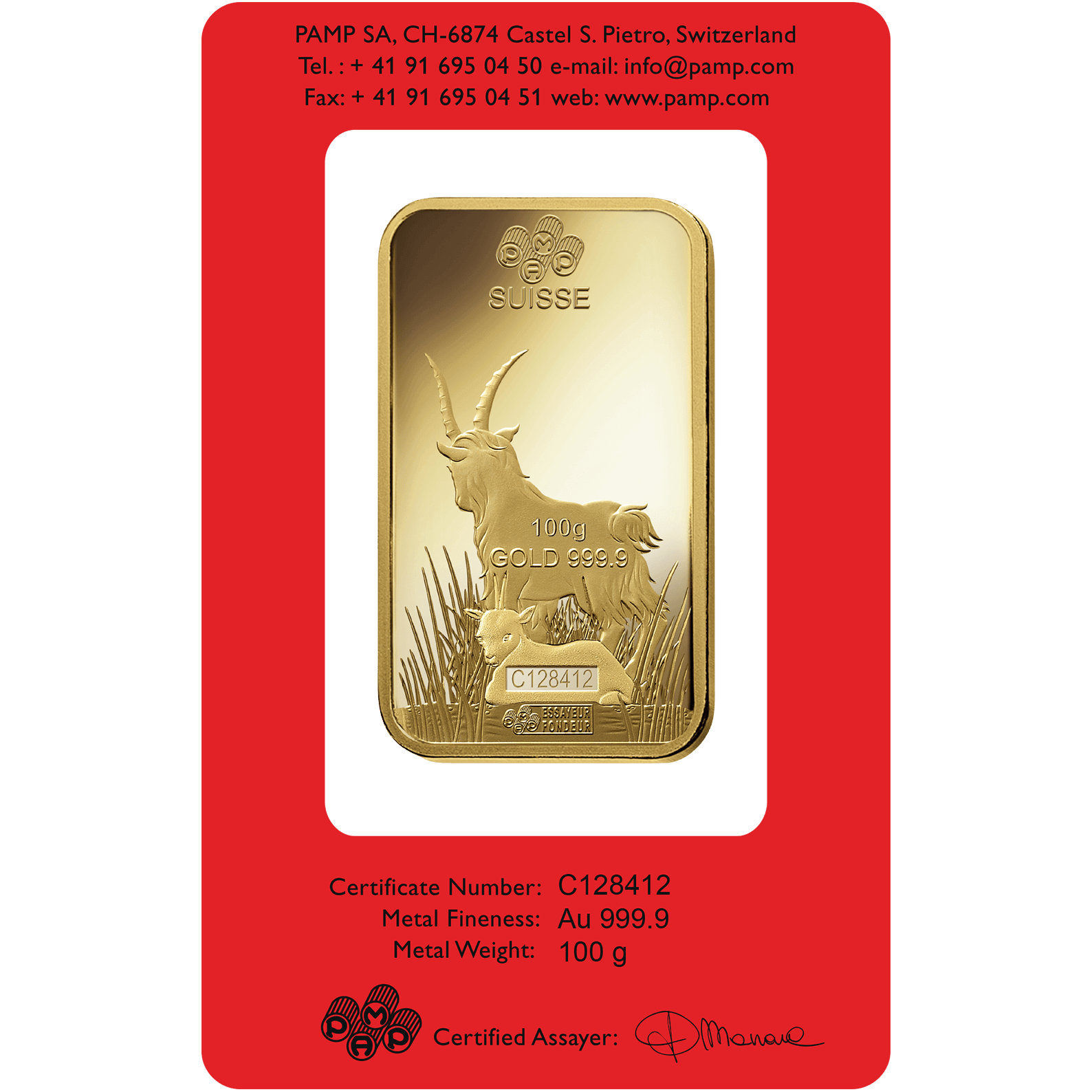 Invest in 100 gram Fine gold Lunar Goat - PAMP Swiss - Back