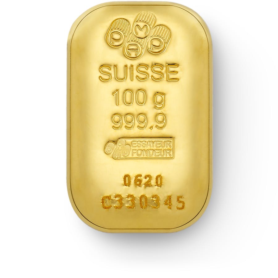 Invest in 100 grams Fine gold Cast Bar - PAMP Swiss - Front