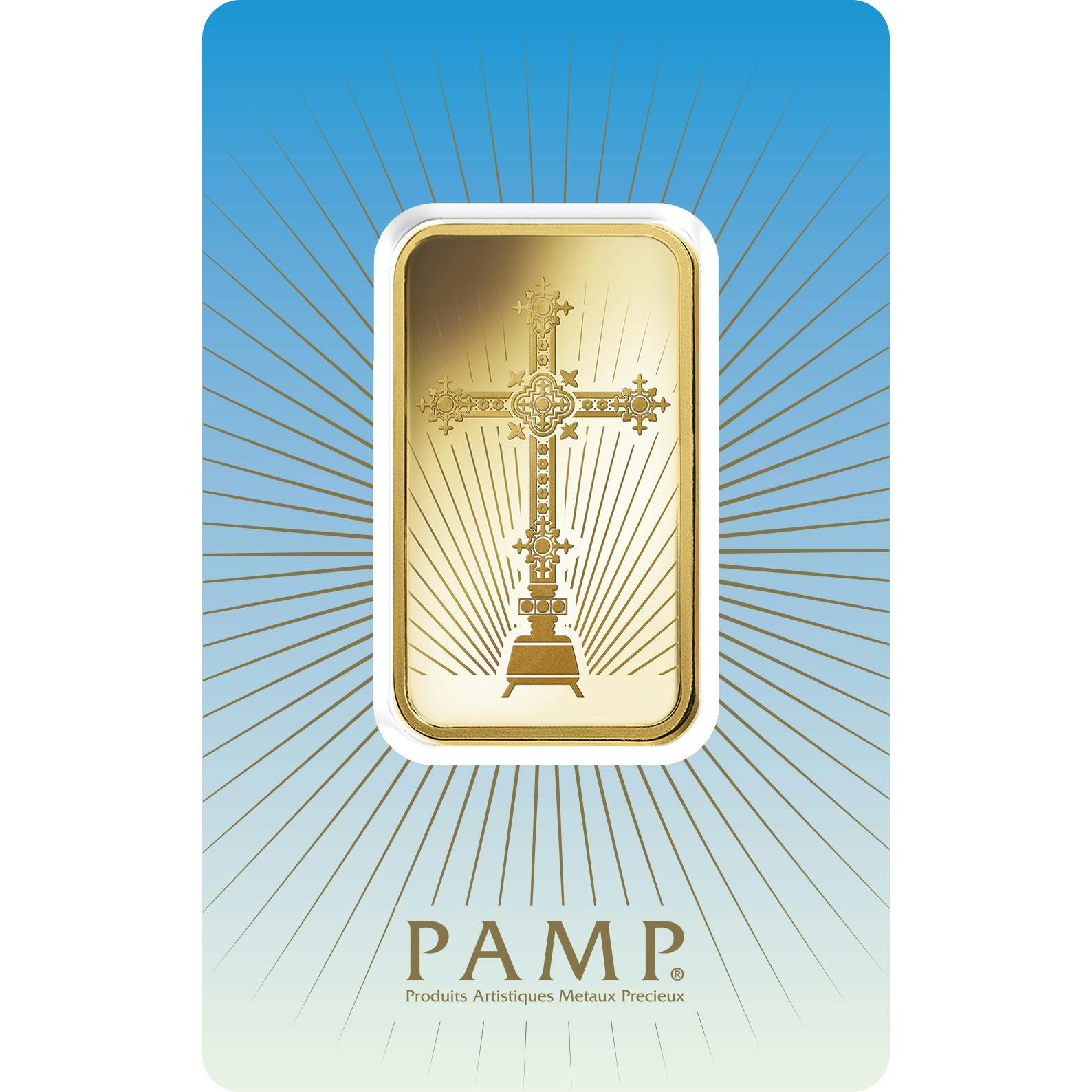 Invest in 1 oz Fine Gold Romanesque Cross - PAMP Swiss - Pack Front