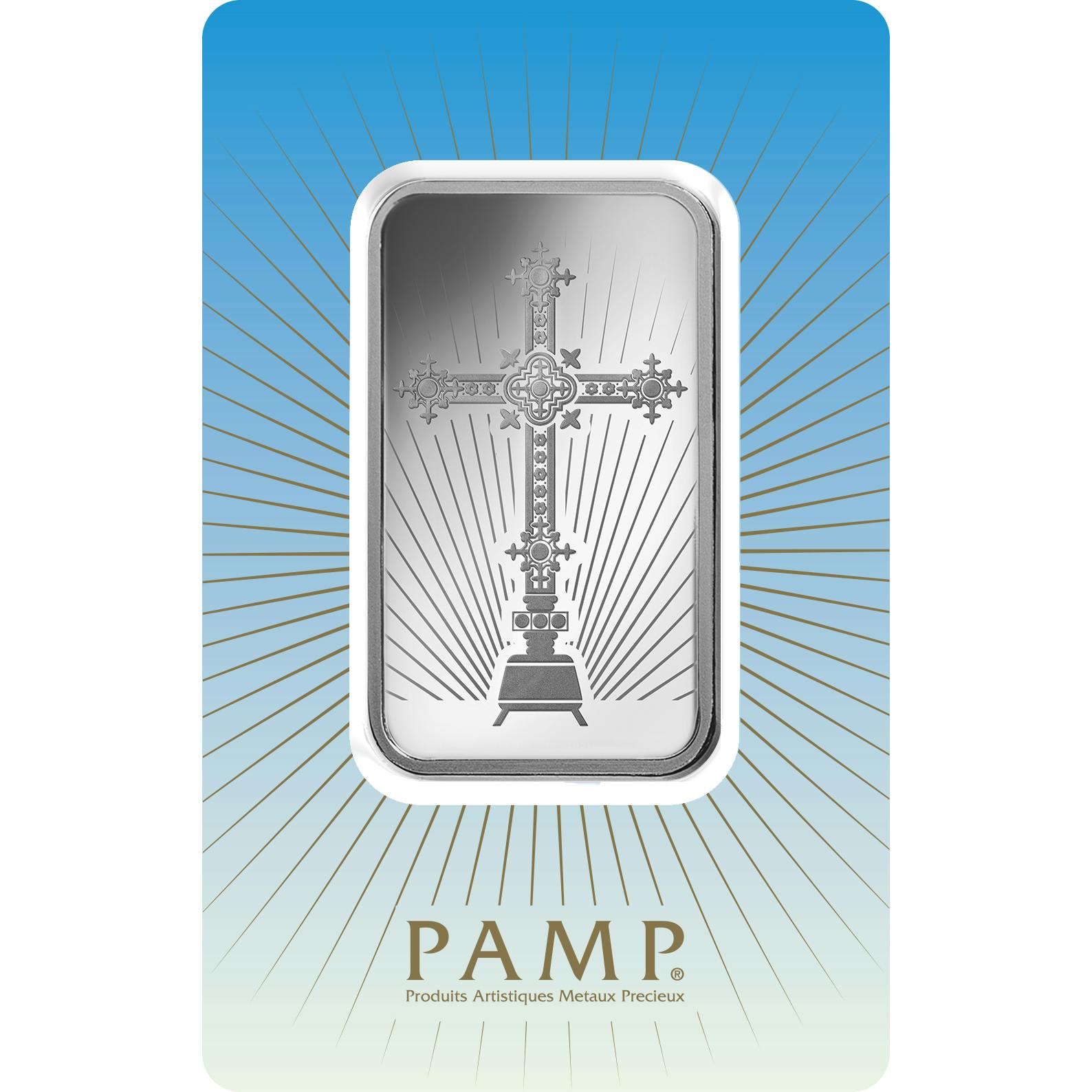 Invest in 1 oz Fine Silver Romanesque Cross - PAMP Swiss - Pack Front