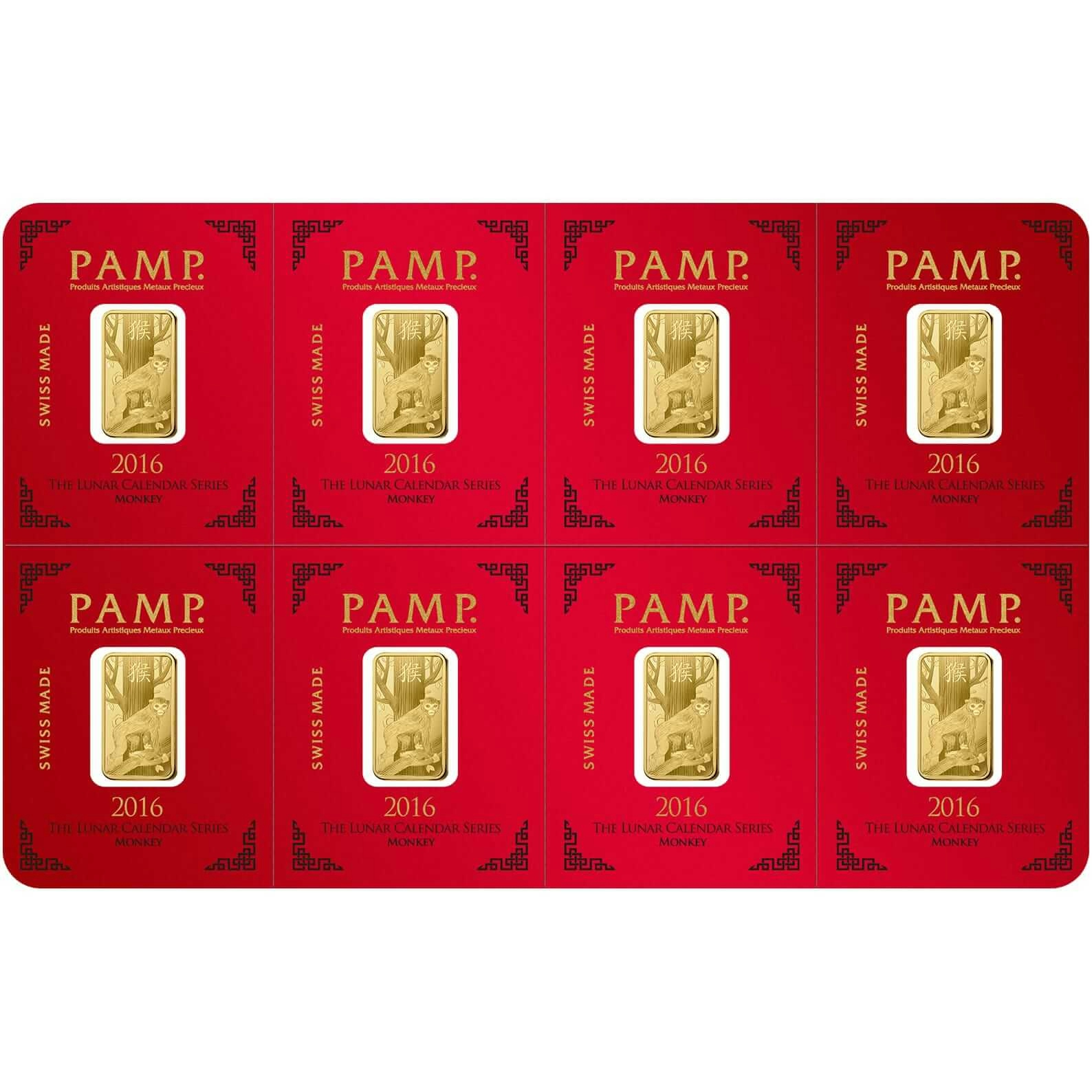 Investire in 8x1 grammi lingottino d'oro puro 999.9 - PAMP Svizzera Lunar Scimmia - Pack Front