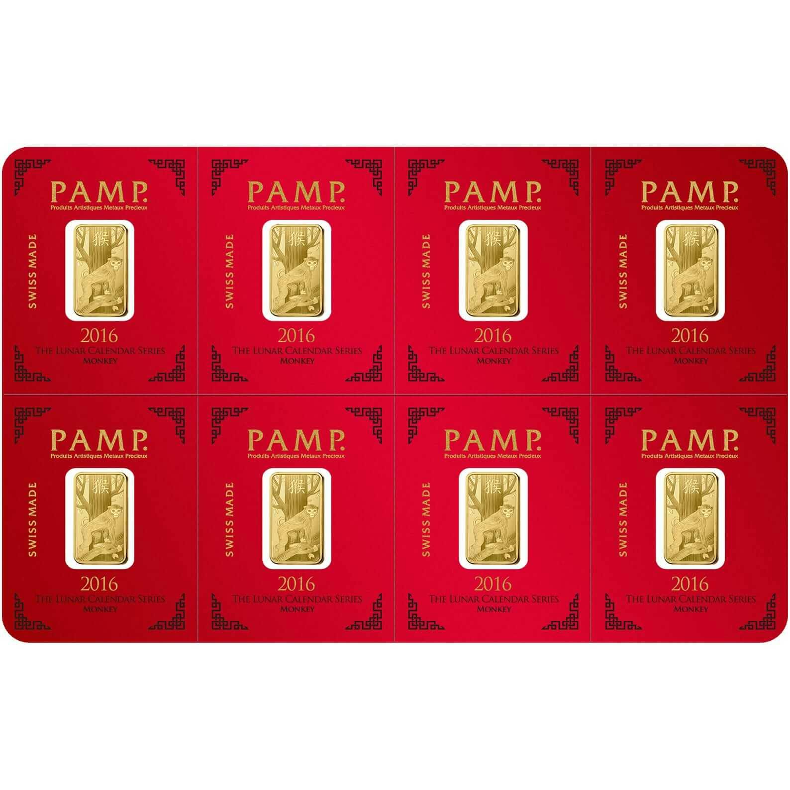 investir dans l'or, 8x1 gram Lingotin, Lingot d'or pur Lunar Singe - PAMP Suisse - Pack Front
