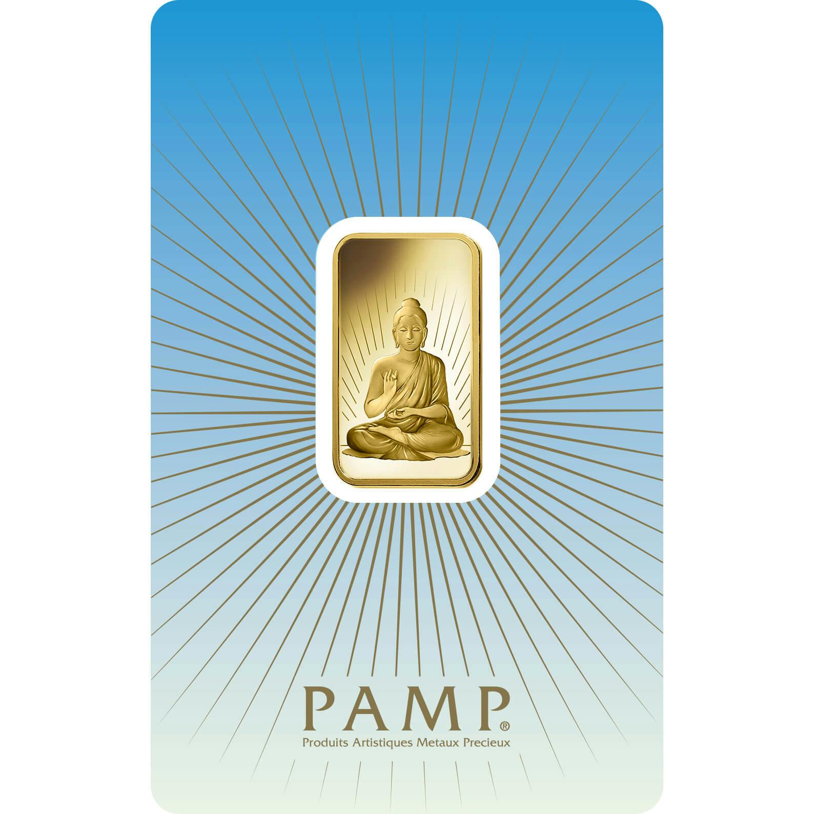 Kaufen Sie 10 Gramm FeinGoldbarren Buddha - PAMP Schweiz - Pack Front