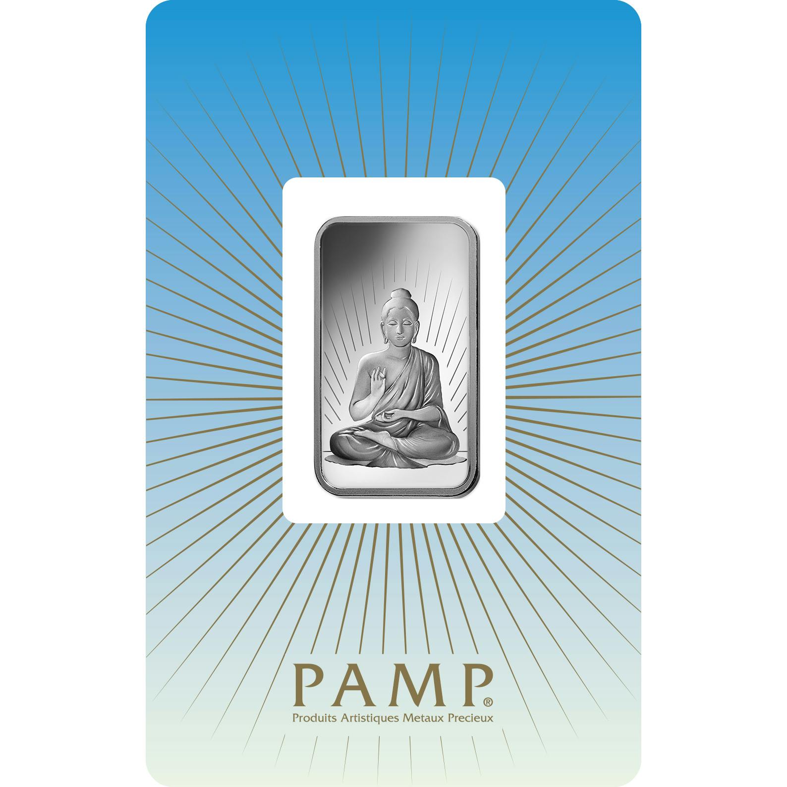 Investire in 10 grammi d'argento puro Buddha - PAMP Svizzera - Pack Front