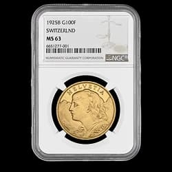 1925 Helvetia Vreneli Gold Coin - MS-63 NGC - 100 Swiss Francs 1925 Helvetia Vreneli Gold Coin - MS-63 NGC - 100 Swiss Francs