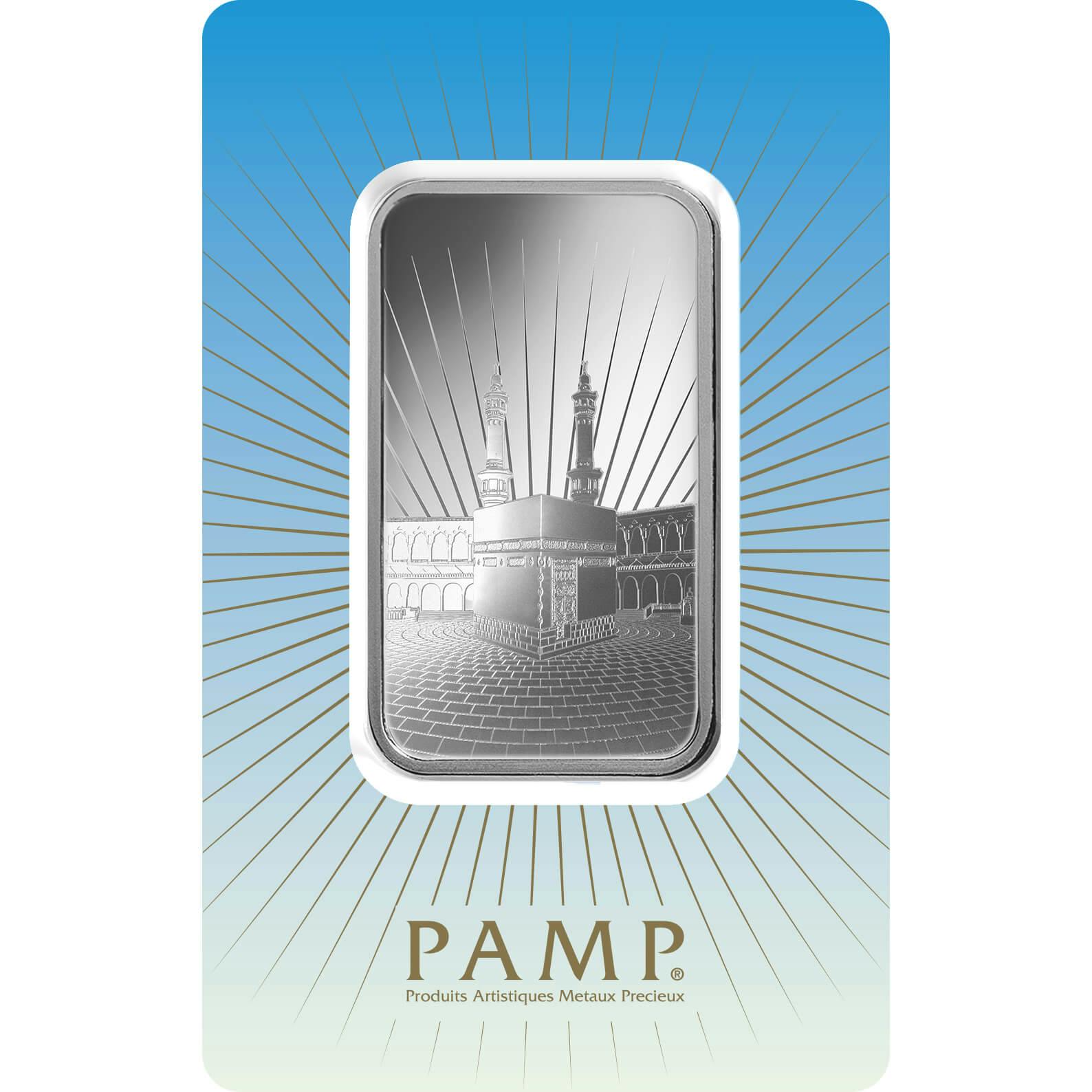 Investire in 1 oncia d'argento puro Ka'Bah Mecca - PAMP Svizzera - Pack Front