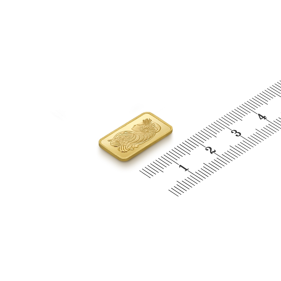 investir dans l'or, 2,5 grammes Lingotin, Lingot d'or pur Lady Fortuna - PAMP Suisse - Ruler view