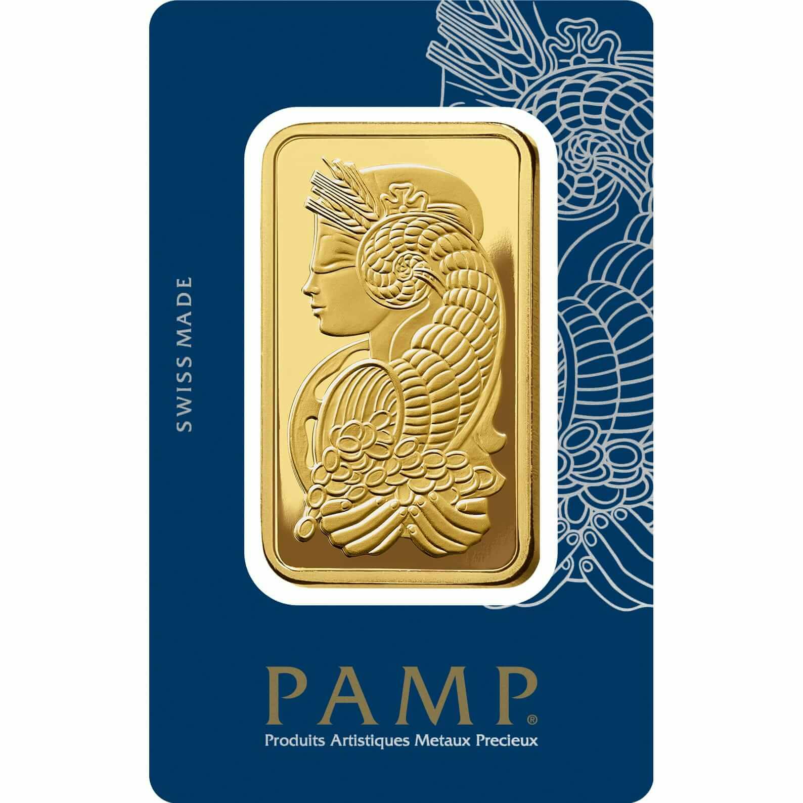 Invest in 5 tolas Fine Gold Lady Fortuna - PAMP Swiss - Pack Front Veriscan