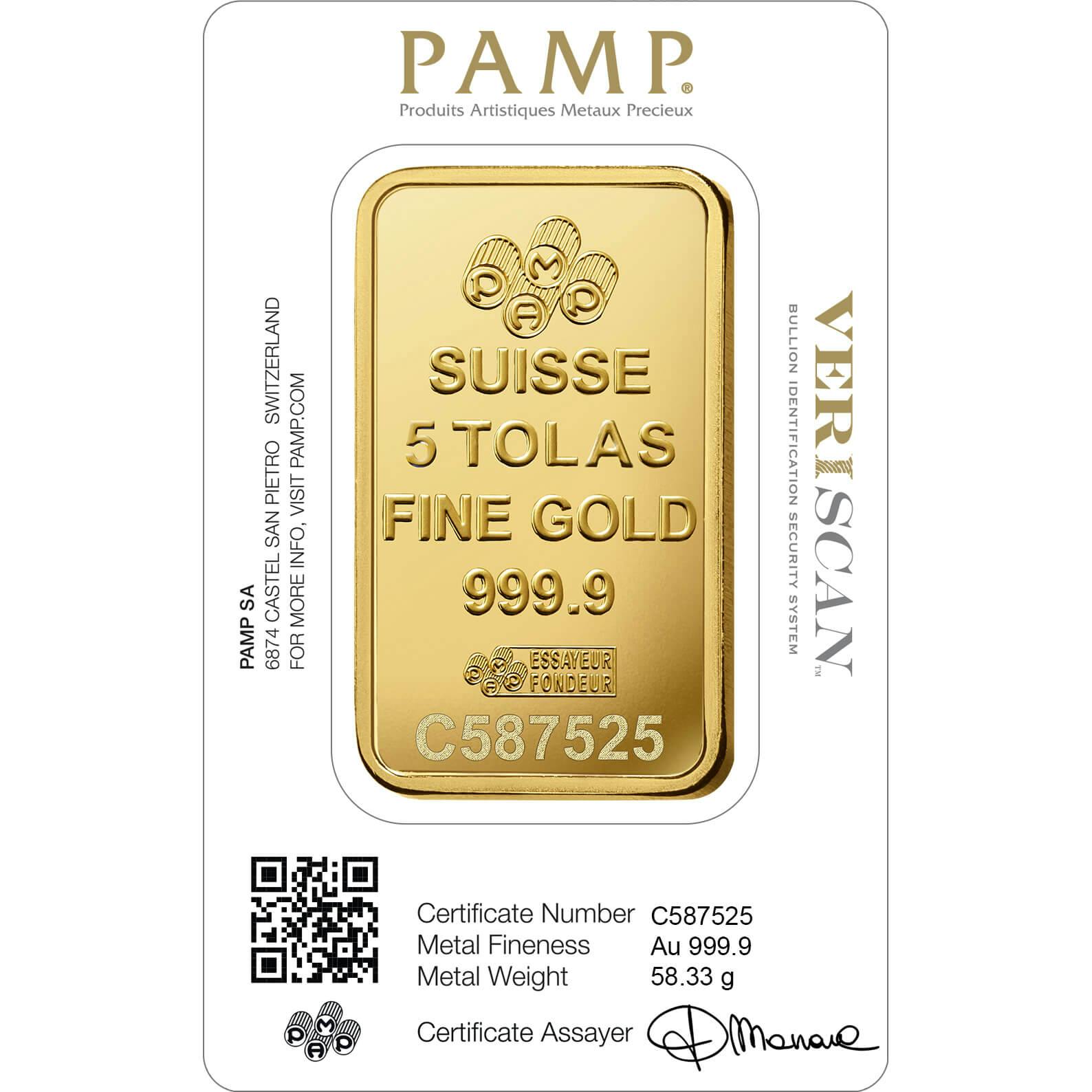 Invest in 5 tolas Fine Gold Lady Fortuna - PAMP Swiss - Back Veriscan