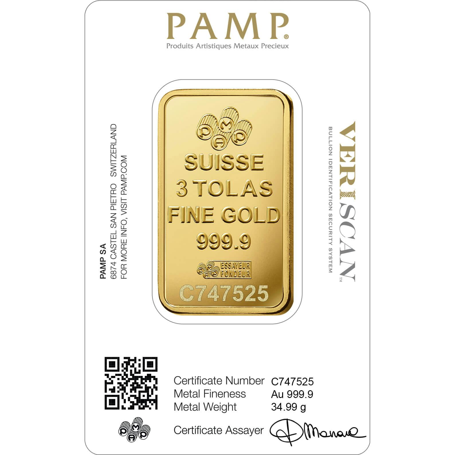 Investire in 3 tolas d'oro puro Lady Fortuna - PAMP Svizzera - Pack Veriscan
