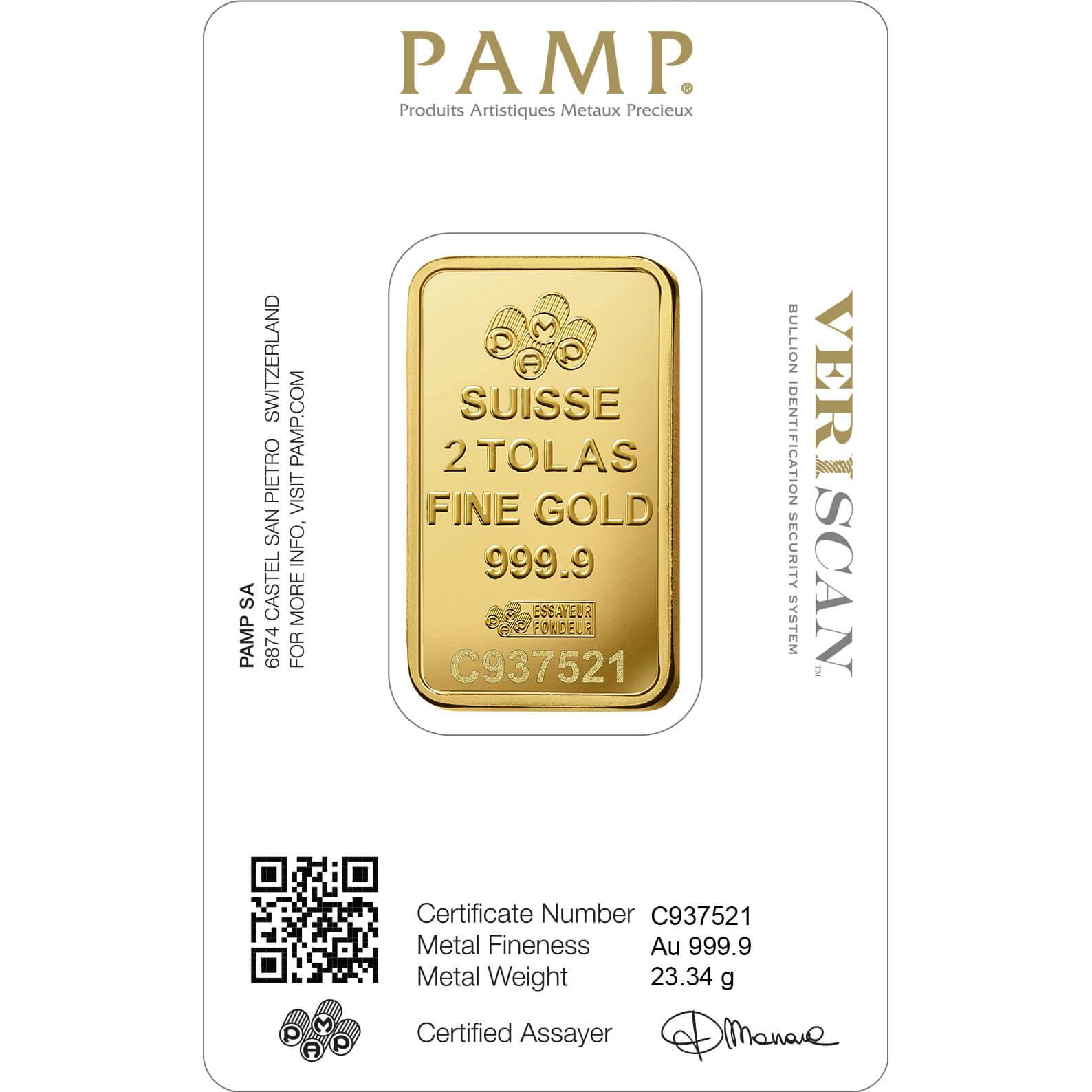 Invest in 2 tolas Fine Gold Lady Fortuna - PAMP Swiss - Back Veriscan