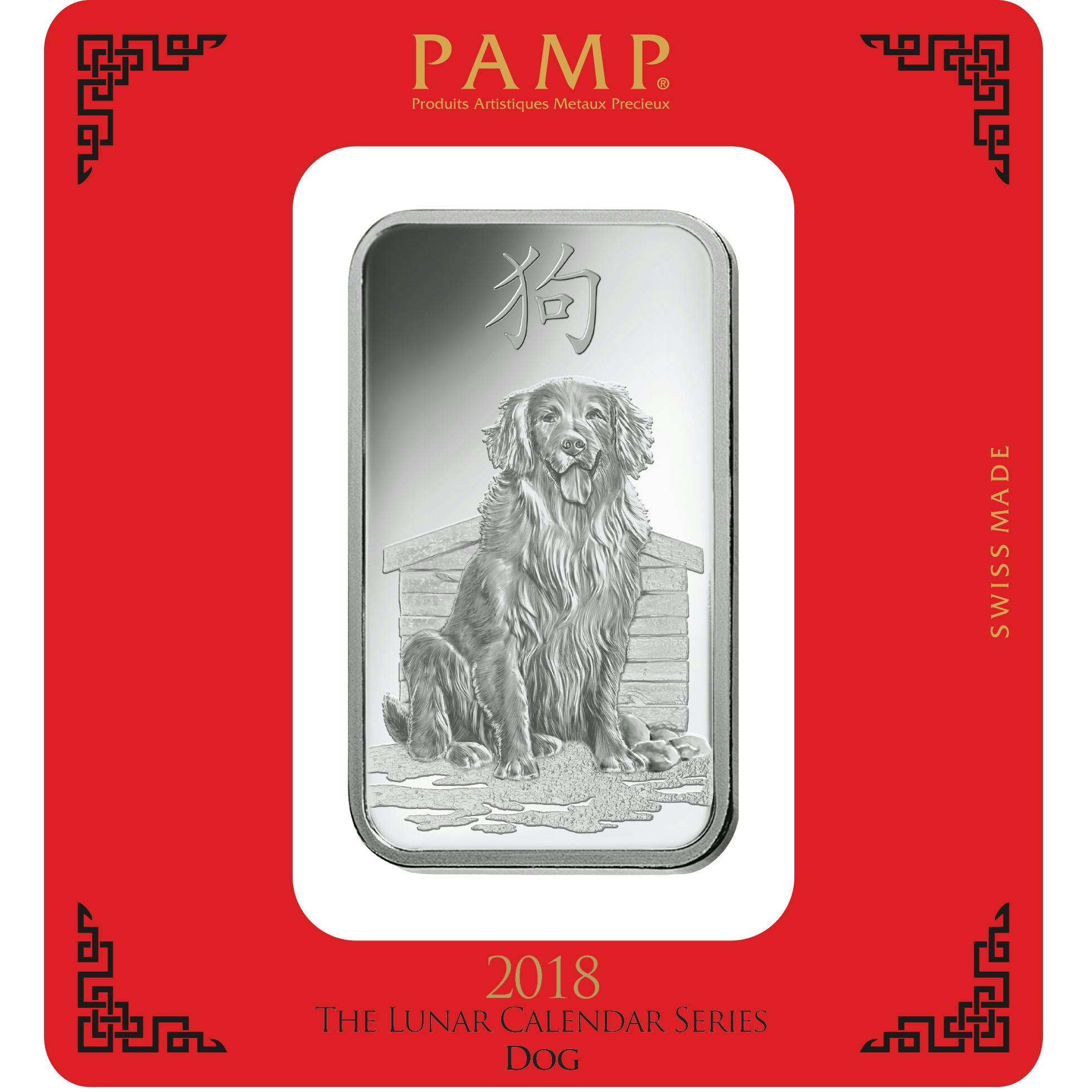 Kaufen Sie 100 Gramm Feinsilberbarren Lunar Hund - PAMP Schweiz - Pack Front