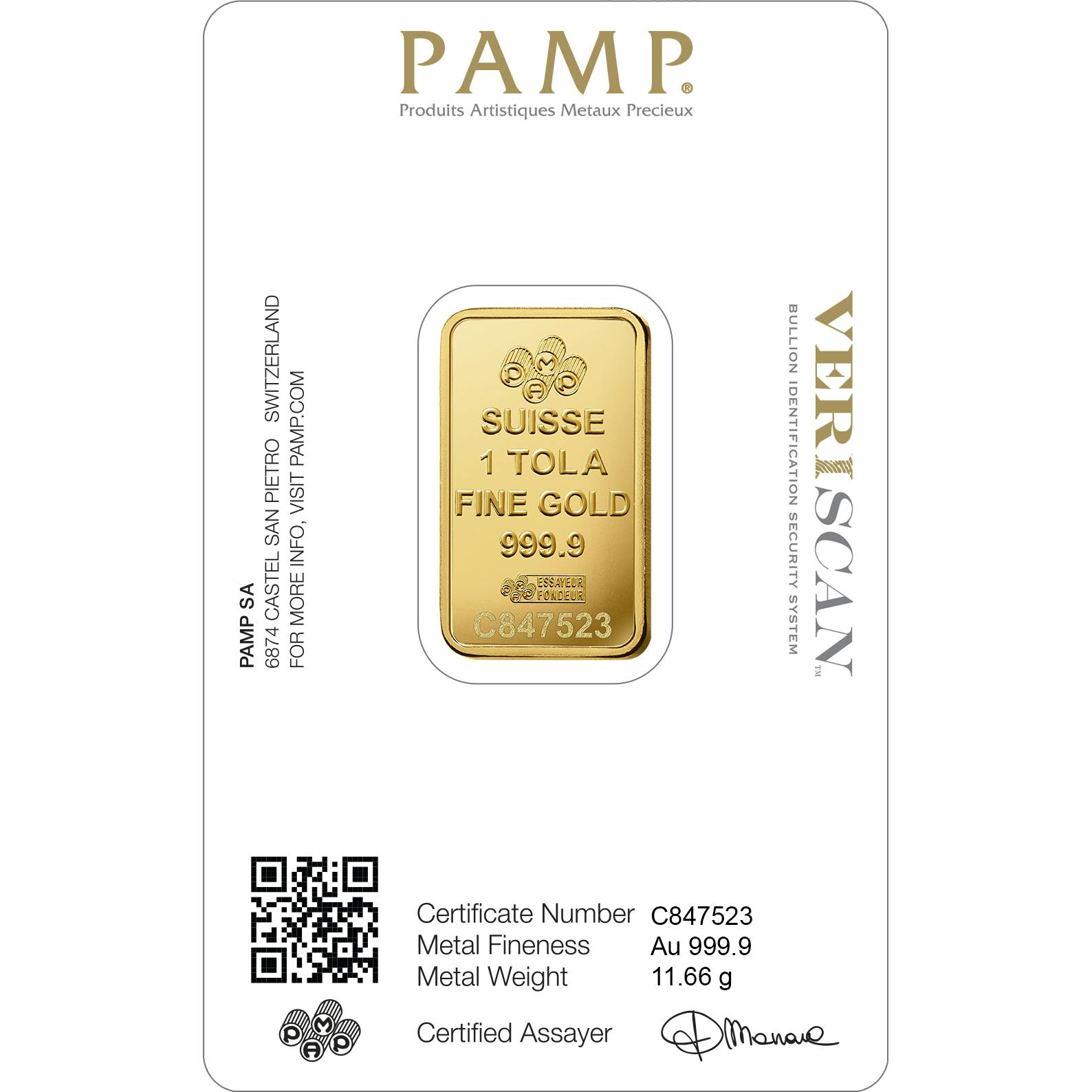 Invest in 1 tolas Fine Gold Lady Fortuna - PAMP Swiss - Back Veriscan