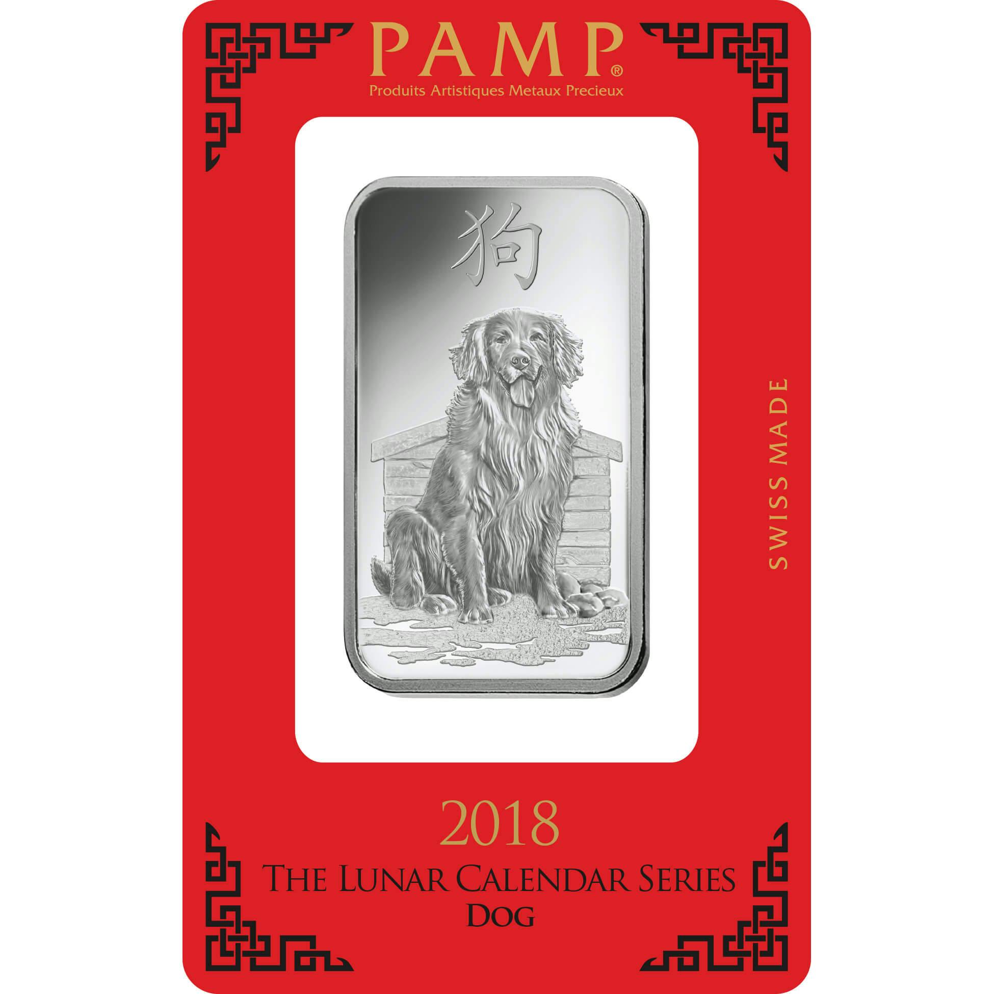 Kaufen Sie 1 Unze Feinsiberbarren Lunar Hund - PAMP Schweiz - Pack Front